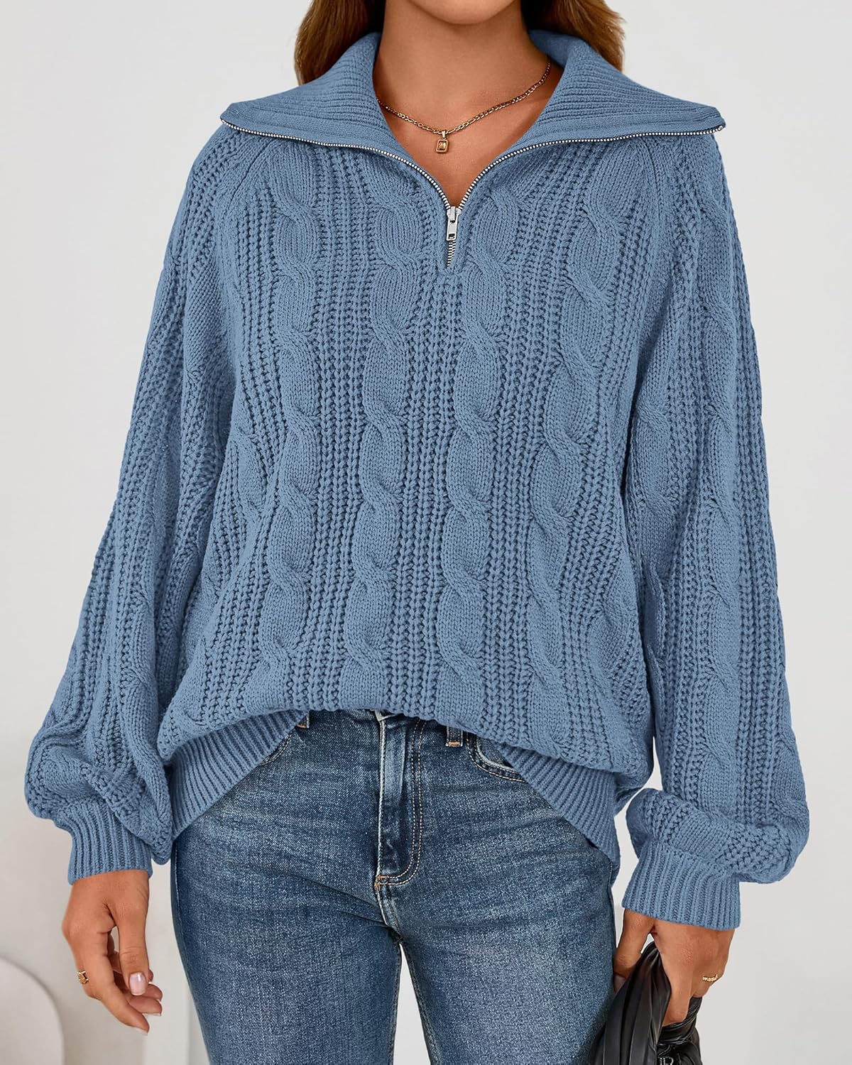 BTFBM Sweaters for Women Fall Fashion 2025 Loose Quarter Zip Pullover Collared Long Sleeve Cable Knit Winter Clothes - Image 4