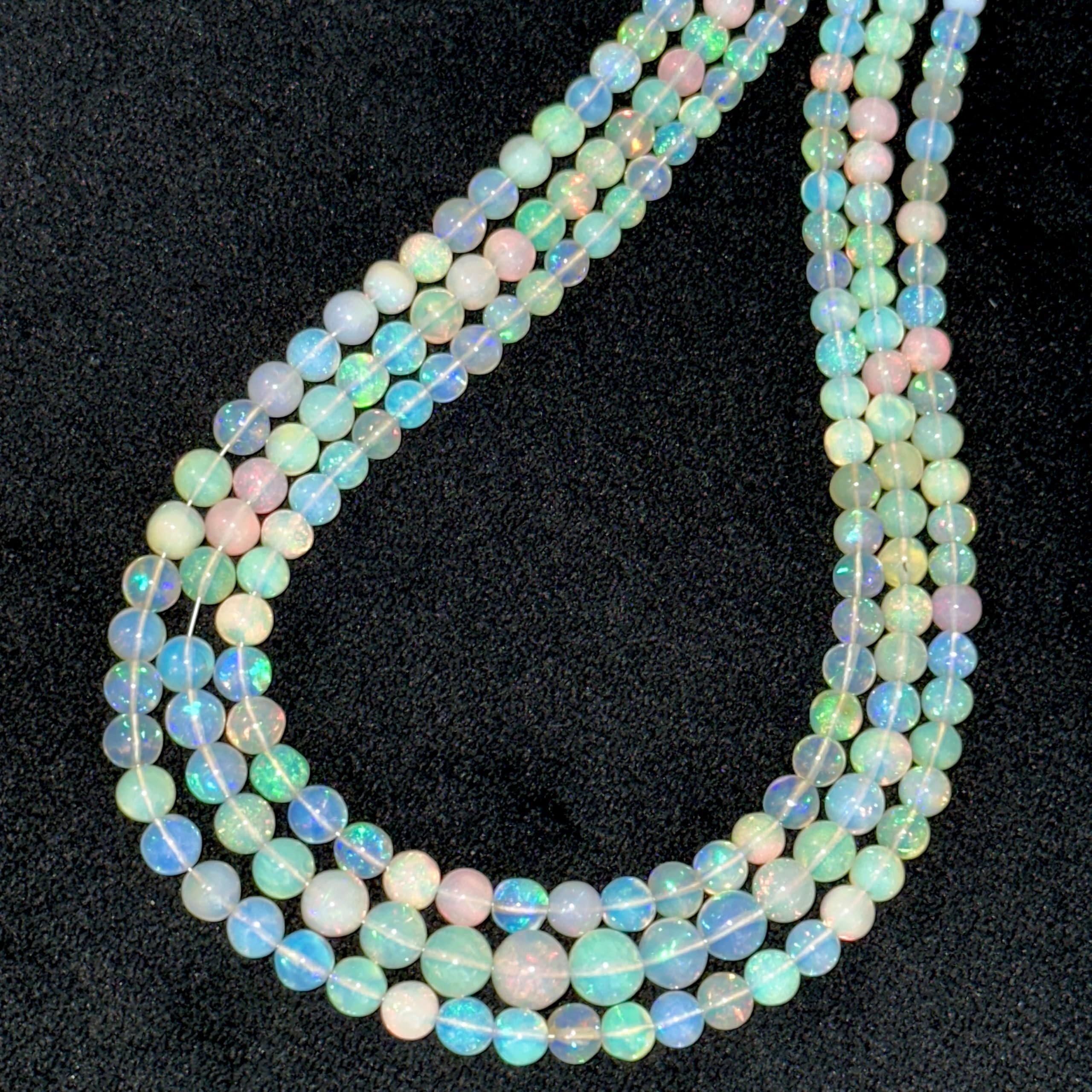 Stone2wear Natural Ethiopian Opal Graduated Beads 4-6mm Smooth Round Fire Opal Multi Color Flash Gemstone Strand AAA Jewelry Making Necklace Bracelet (8inch)