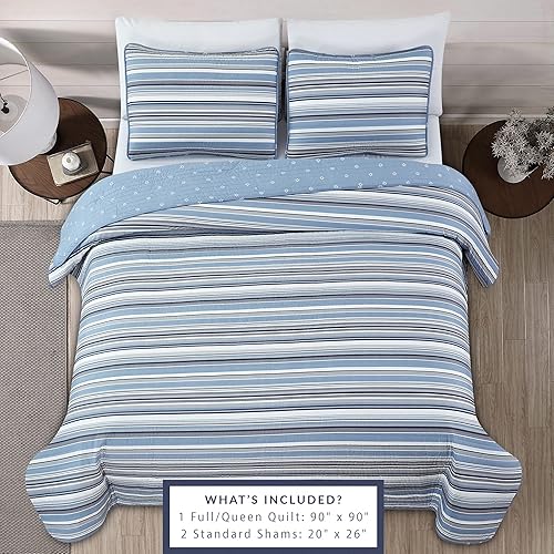 Miniatura 3 de Market & Place Juego de edredón reversible de 3 piezas con fundas de almohada, colcha suave y ligera para todas las estaciones con patrón de rayas