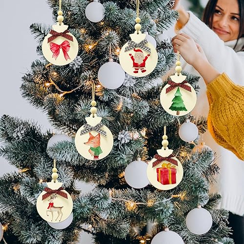 Miniatura 5 de OurWarm 50 adornos de Navidad de madera para manualidades, adornos redondos de madera sin terminar de 4 pulgadas con lazos y cuentas a cuadros de