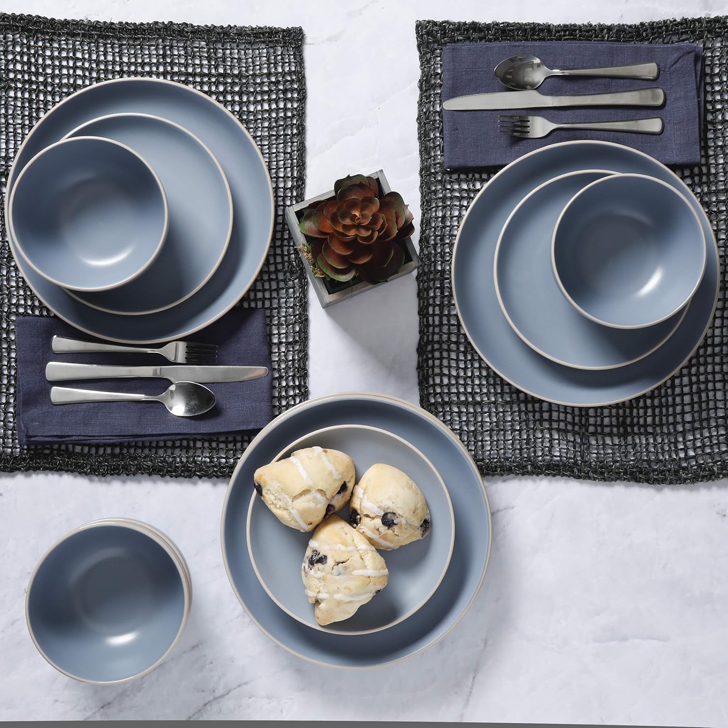  | Gibson Home Round Stoneware Dinnerware Place Setting, Service for 4 (12pcs), Matte Blue: Dinnerware Sets