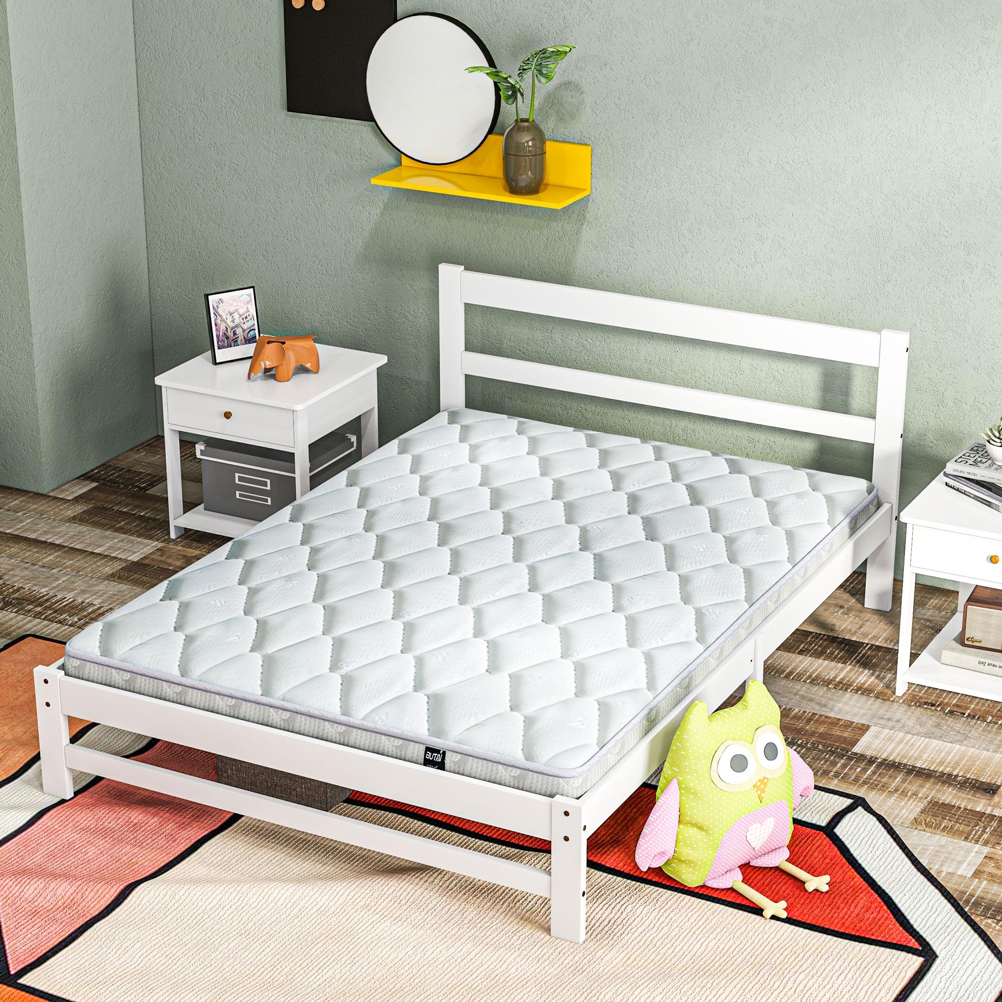 HOMCOM Marco de Cama de Madera con Somier Doble 195x141 cm 300 kg Blanco | Estructura de Cama Doble, para Colchón de 135x190 cm, No Incluido