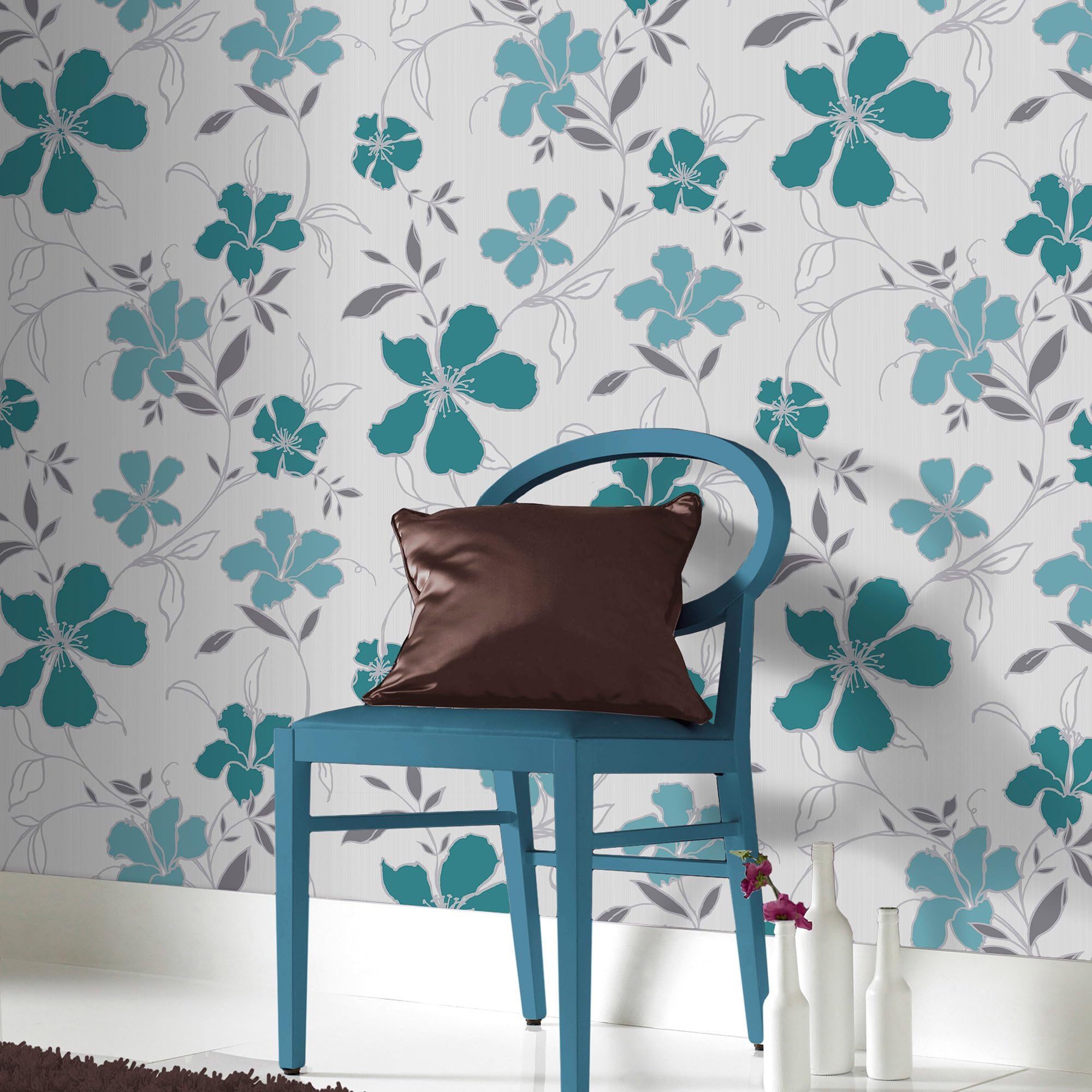Superfresco Easy Paste The Wall Rapture Floral Teal/Silver Wallpaper