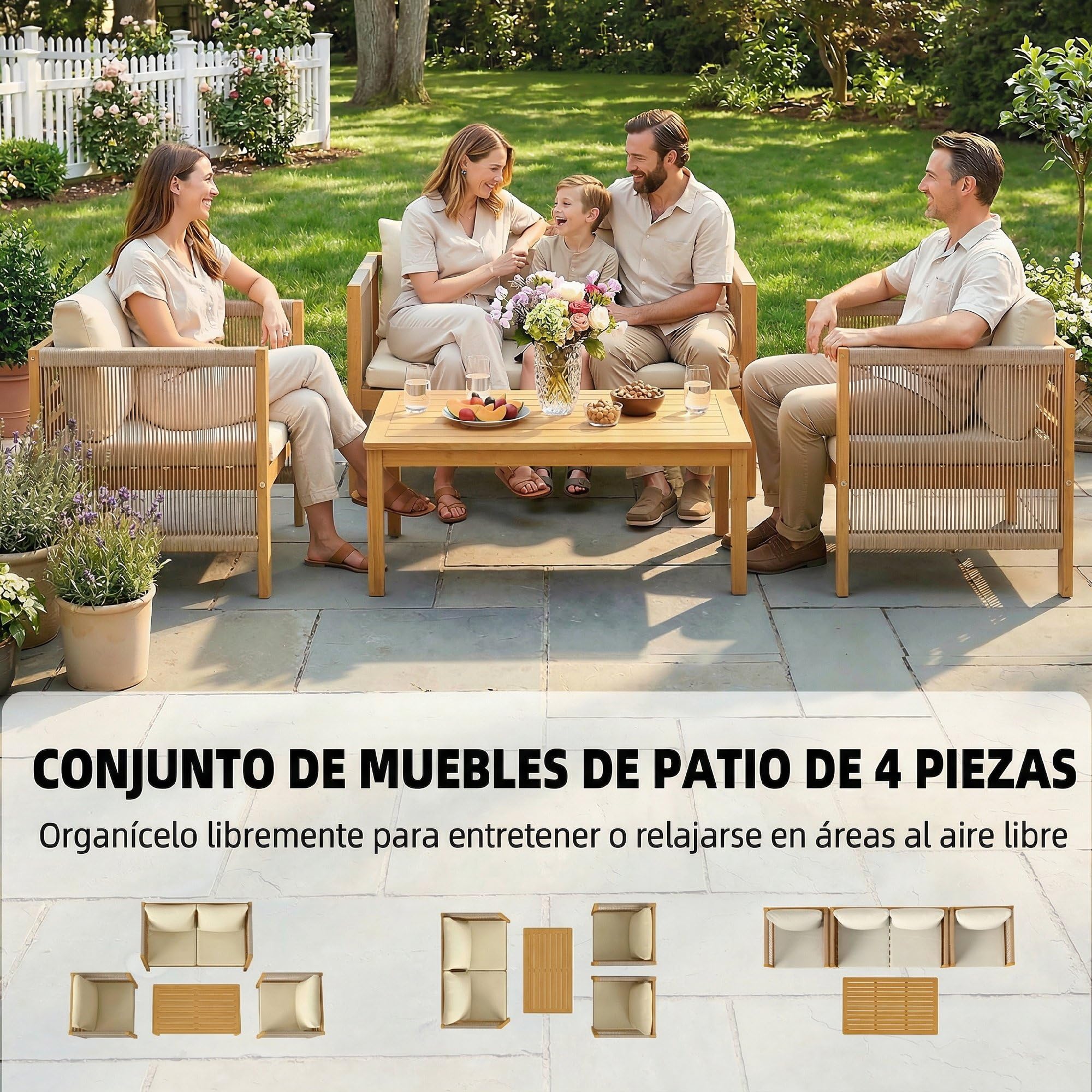 Outsunny Conjunto de Jardín Exterior de 4 Piezas con Sofá 2 Plazas Beige | Muebles Jardín Exterior, 2 Sillones, Mesa de Madera de Acacia, Cojines Acolchados, Decoración de Cuerda PP, para Terraza