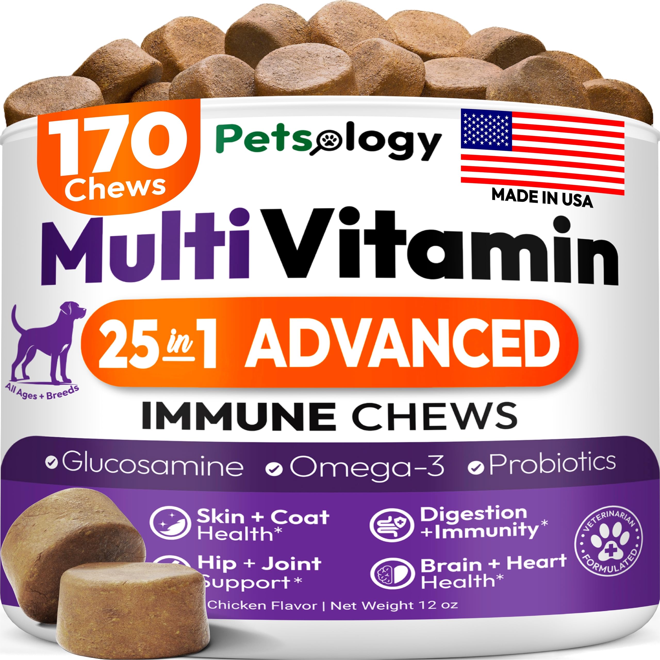 Dog Multivitamin Chewable - Dog Vitamins and Supplements with Glucosamine - 170 Chews - Hip & Joint, Pet Immune Support, Skin & Coat, Gut & Heart Health - Senior & Puppy Multivitamin Pet Supplement