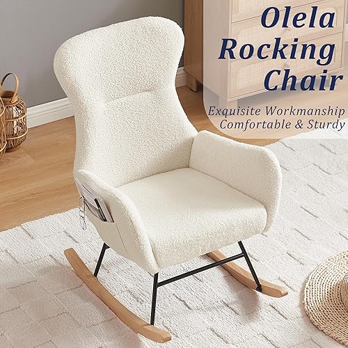 Miniatura 4 de Olela Mecedora de tela de peluche, asiento acolchado con respaldo alto y reposabrazos, silla decorativa de lana de cordero, sofá individual con