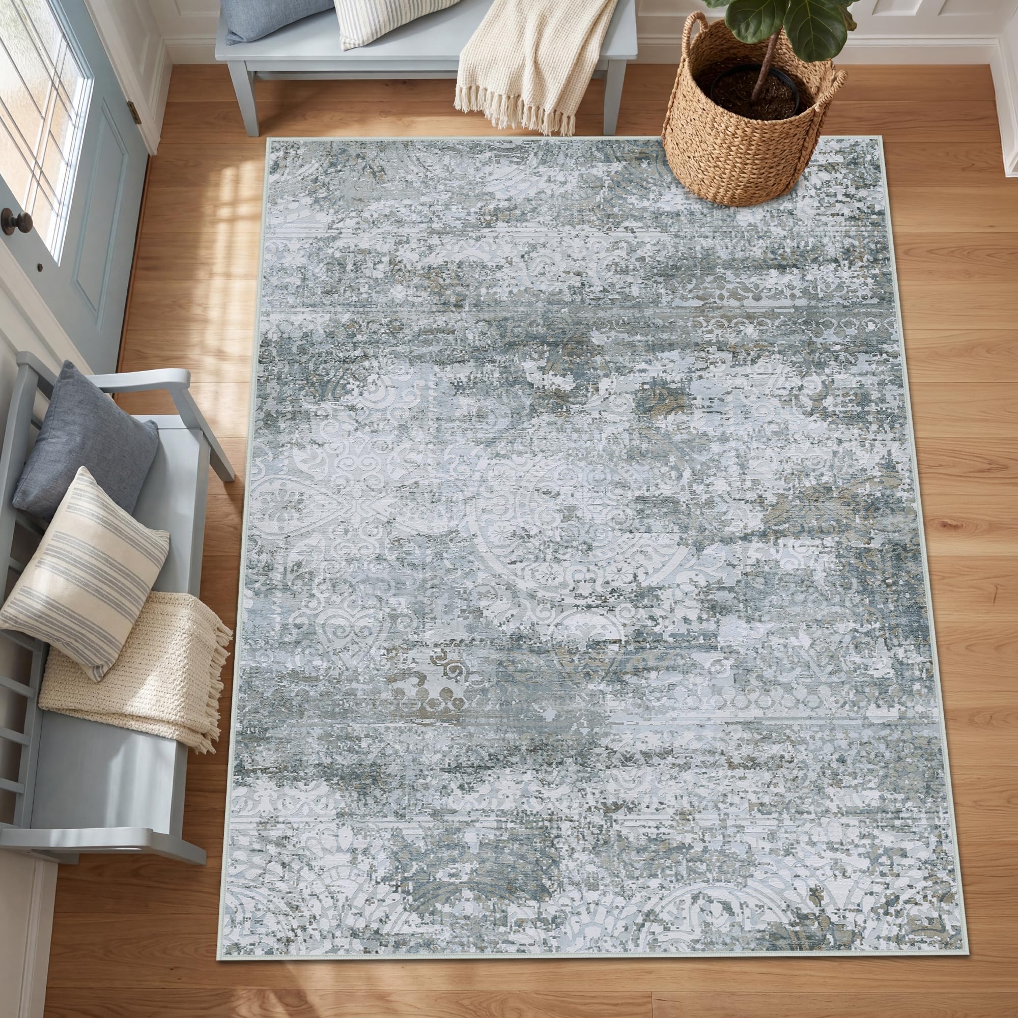 Autsel Vintage Teppich Wohnzimmer, Waschbarer Teppich Schlafzimmer, Boho Teppich Kurzflor, rutschfest Läufer Teppiche, Pflegeleicht Teppich Gegend für küche, Büro, Esszimmer, Flur