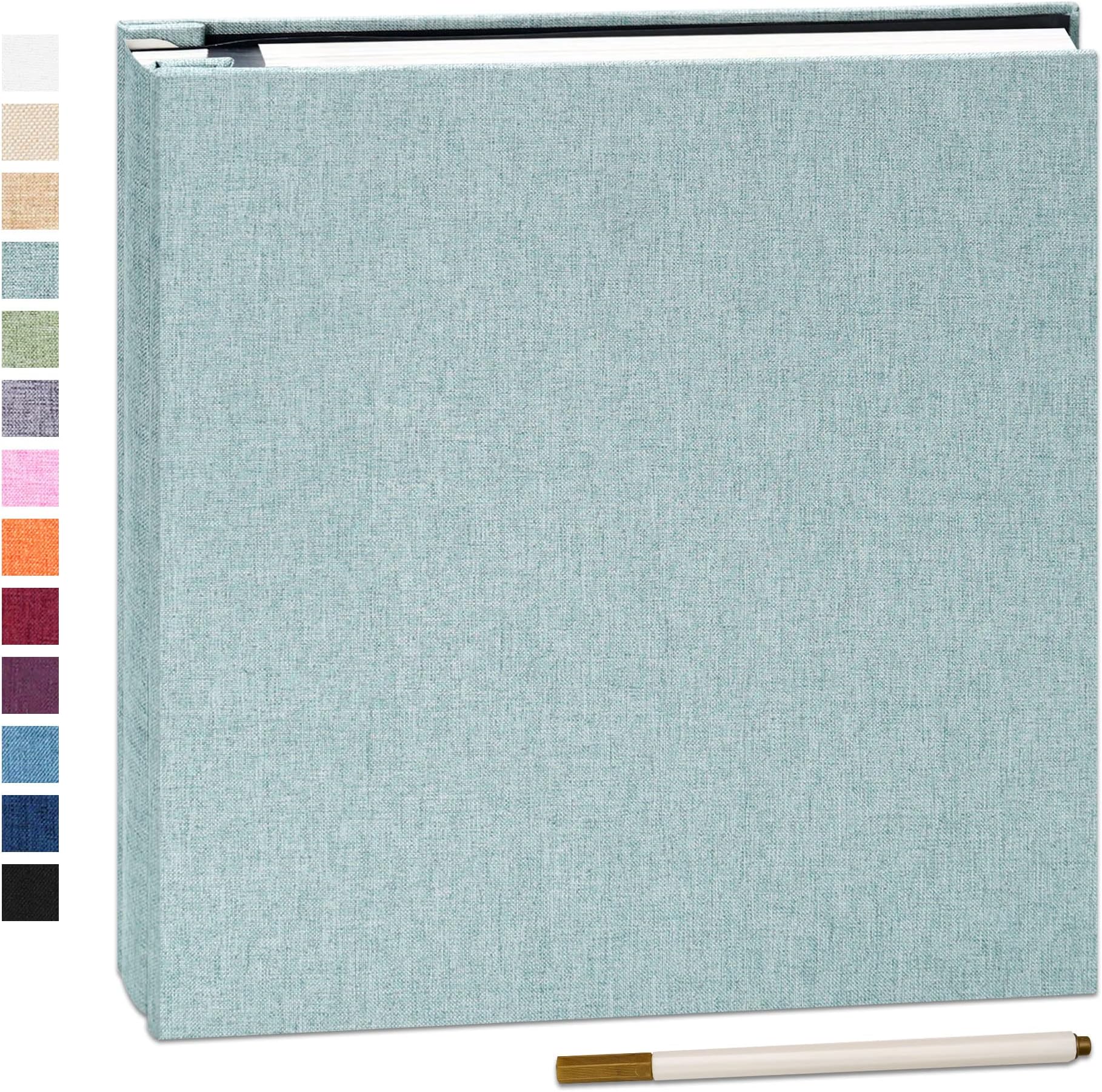 Adhesive Photo Album 28x27cm with 60 Pages Fits 10 x 15 cm Linen Cover Scrapbooking DIY Photo Album with A Metallic Pen Save Baby Growth Wedding Travel Turquoise