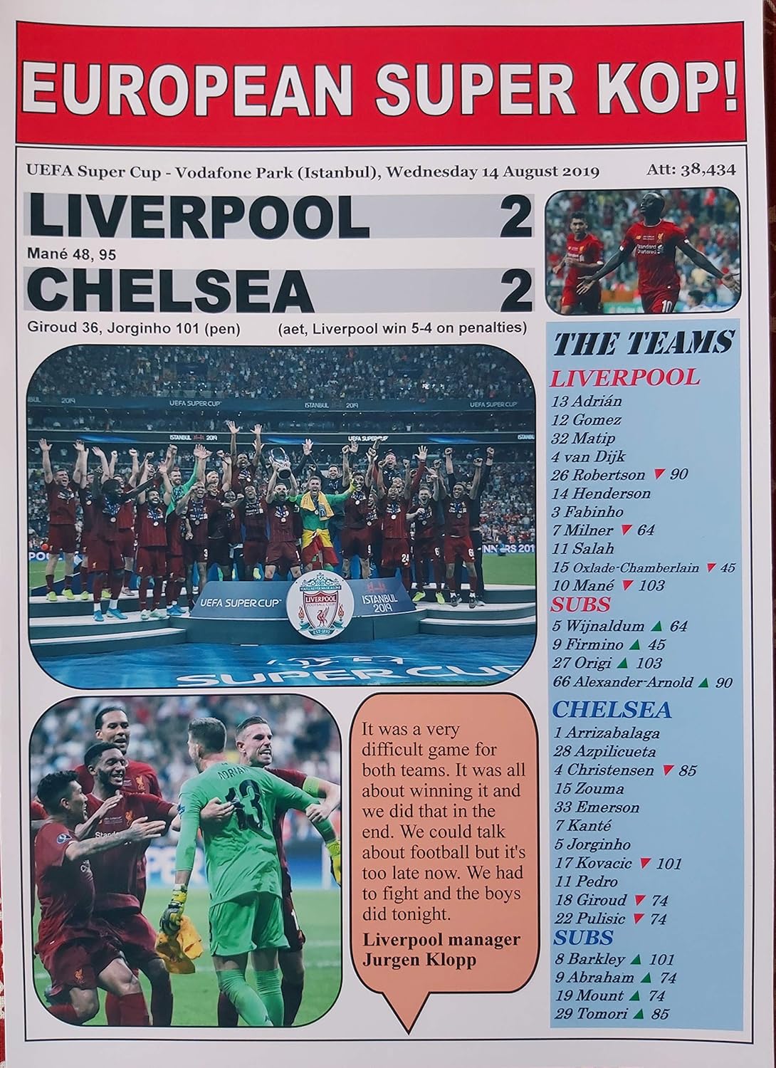 Liverpool 2 Chelsea 2-2019 European Super Cup - Souvenir Print