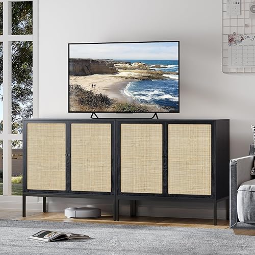 Brafab Juego de 2 gabinetes de ratán para bufé, aparador con puertas decoradas de ratán natural, gabinete de acento, para sala de estar, entrada,