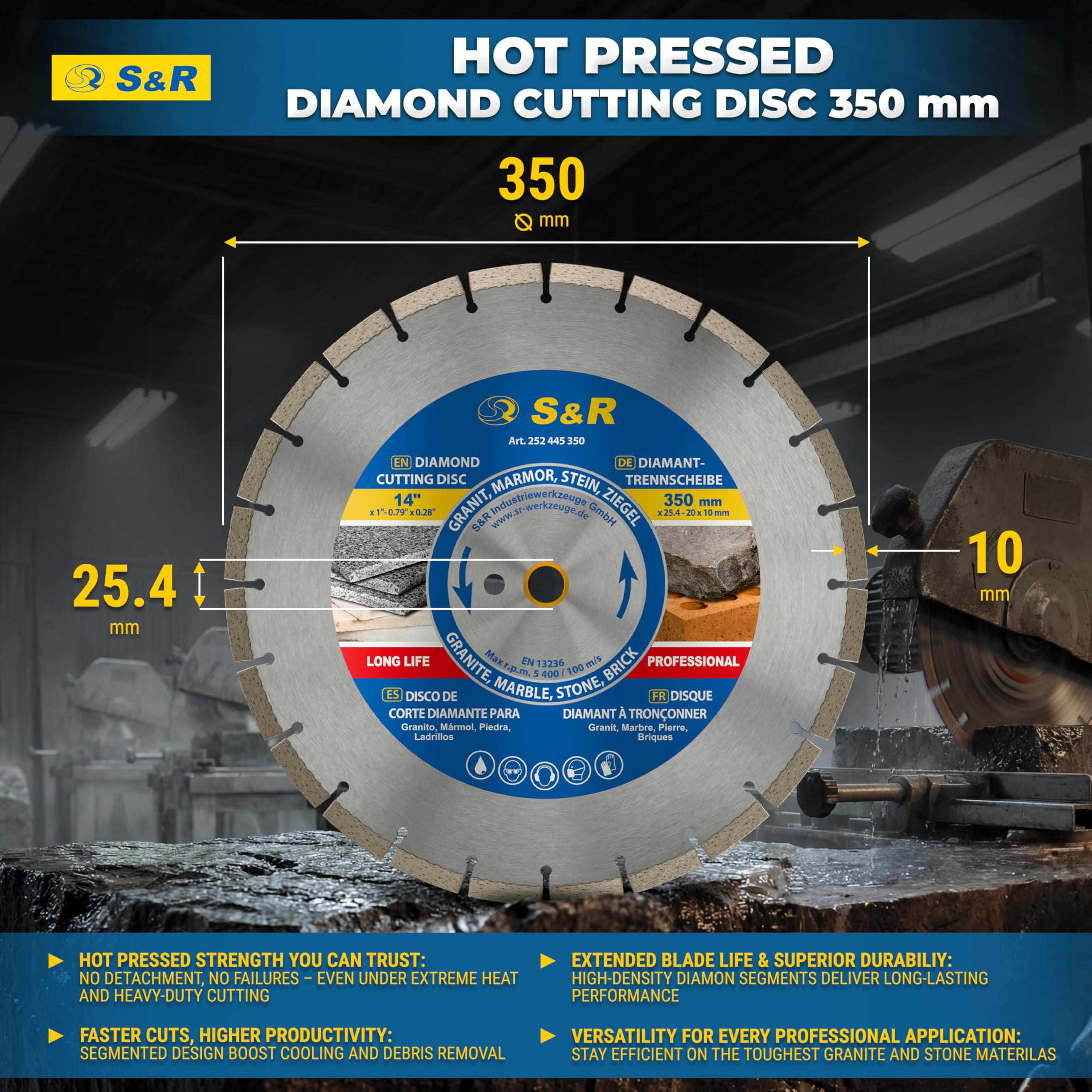 S&R Diamentowa tarcza tnąca 350 x 25,4 x 3,0 x 10 mm, jakość przemysłowa do kamienia naturalnego, sztucznego, marmuru, granitu, piaskowca, twardej cegły, do pił mechanicznych i stołowych