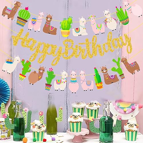Miniatura 8 de Cartel de fiesta de cactus de llama, pancarta dorada para fiesta de cumpleaños, 3 unidades, decoraciones de cartón de alpaca para fiesta de