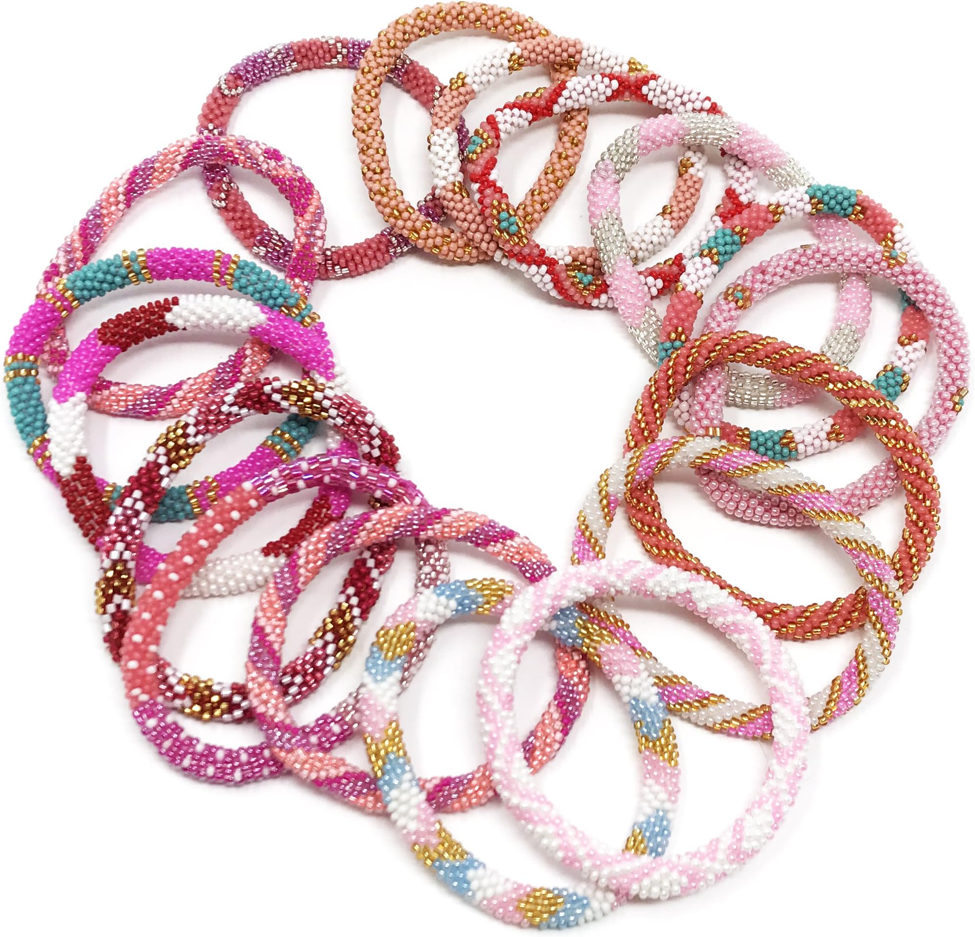 Handmade Crochet Glass Seed Bead Nepal Boho Bracelet - Wholesale Pink Scheme