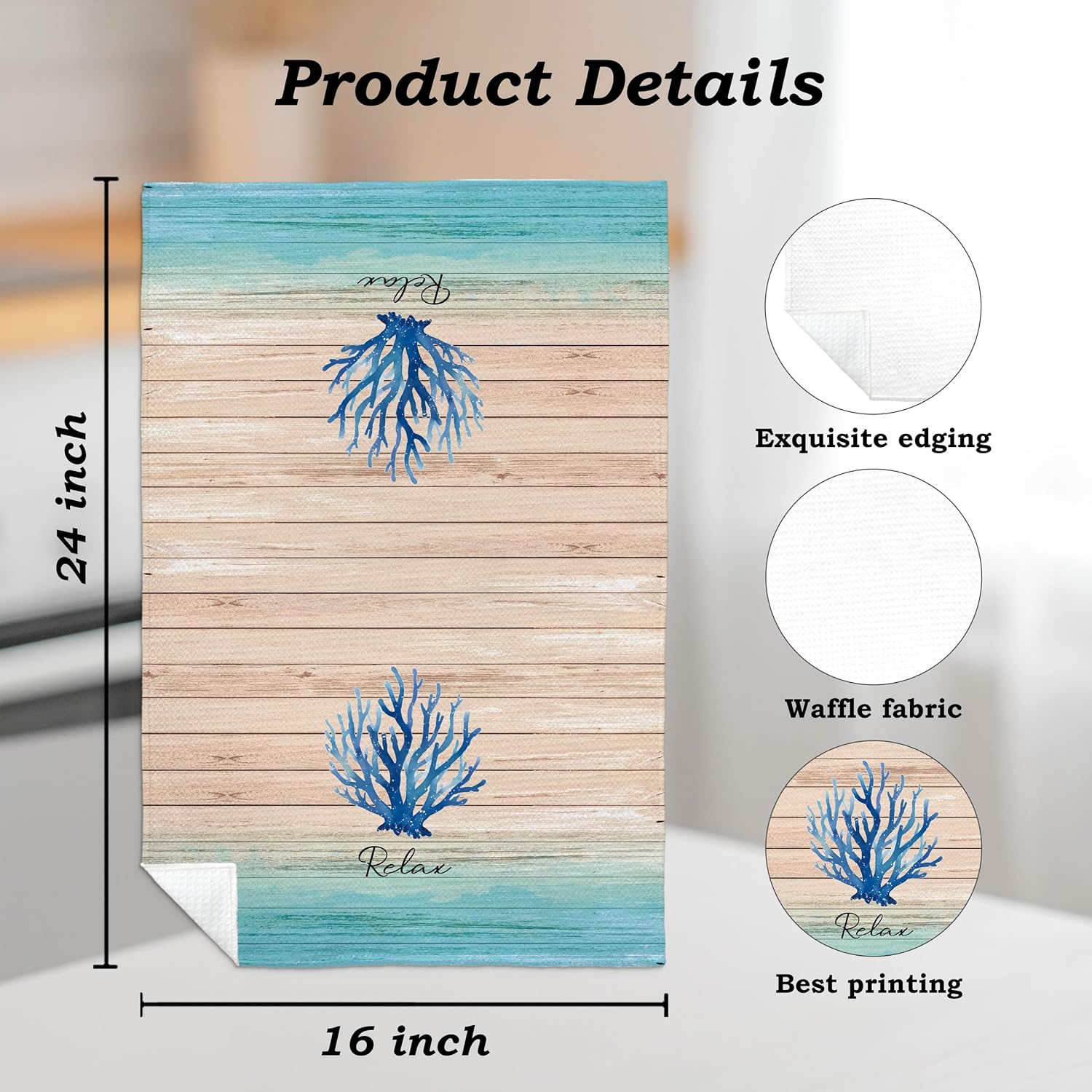 Rustic Blue Coastal Beach Bathroom Hand Towels Set of 4, Coral Starfish Crab Conch Relax Unwind Soak Breathe Decorative Hand Towels for Spa Yoga Gym Bathroom Washroom, 16x24 Inch