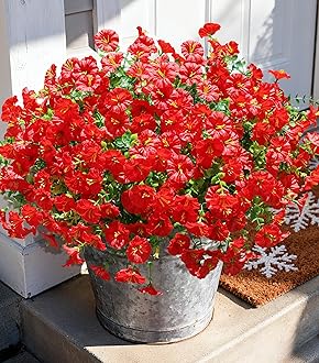 Artificial Flowers Fake Plants for Outdoors Decoration, 12 Bundles Red Silk Morning Glory with Eucalyptus Realistic UV Resistant Faux Flowers Greenery for Outside Planter Yard Garden Home Indoor Patio