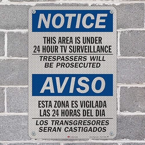 Miniatura 3 de SmartSign Letrero bilingüe con texto en inglés "This Area is Under 24 Hour Surveillance Trespassers Will Be Prosecuuted"  Plástico de 10 x 14