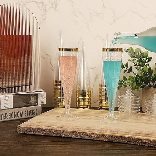 Miniatura 7 de Zcaukya 100 copas de champán de plástico, 4.5 onzas, vasos duros desechables transparentes con borde dorado, copas de champán de plástico para