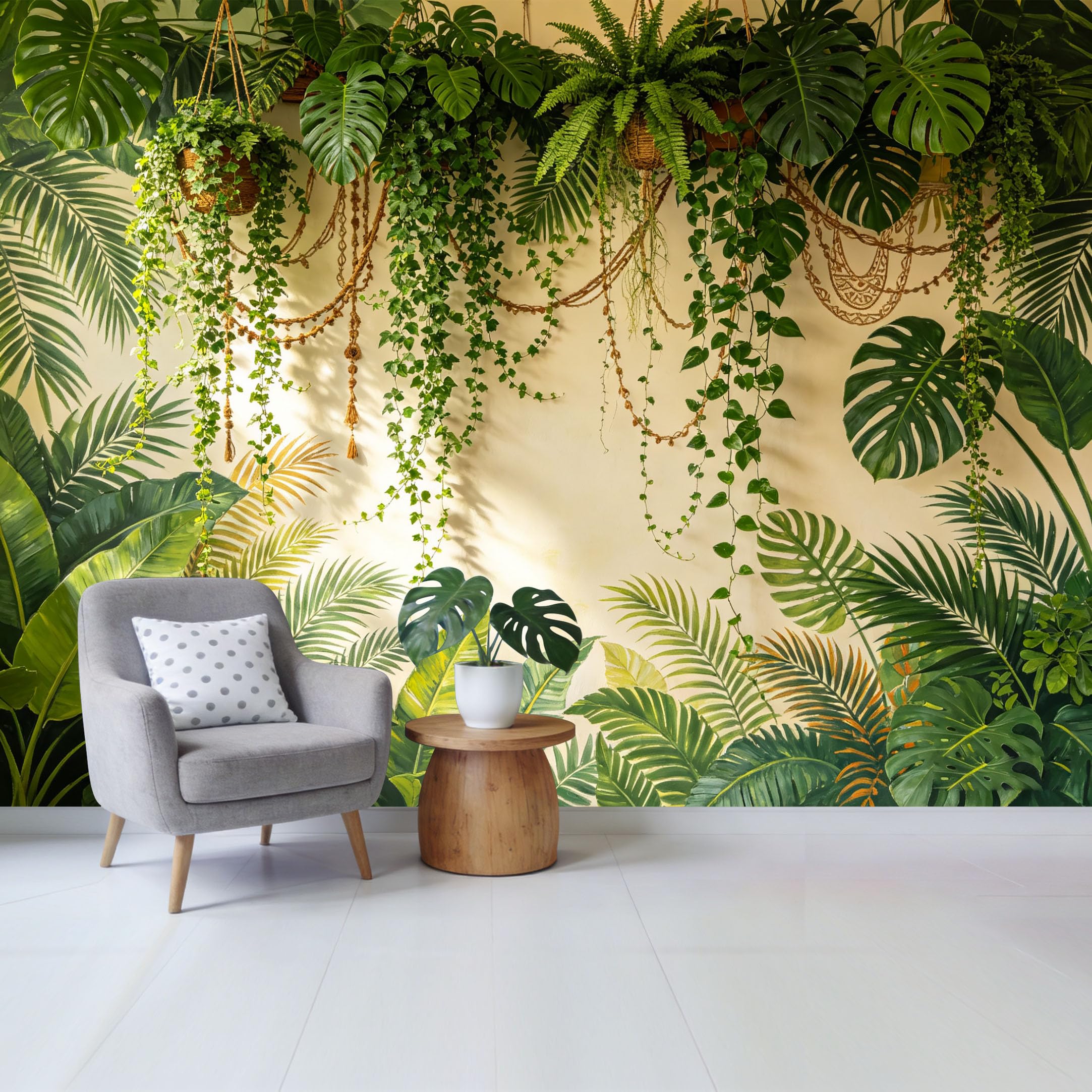 Qzlithotic Yq2605250356 Custom Size Wall Mural Tropical Monstera Leaves Hanging Macrame Fern Botanical Style Selfadhesive Wall Fabric Removable Wallpaper For Home Office Decor