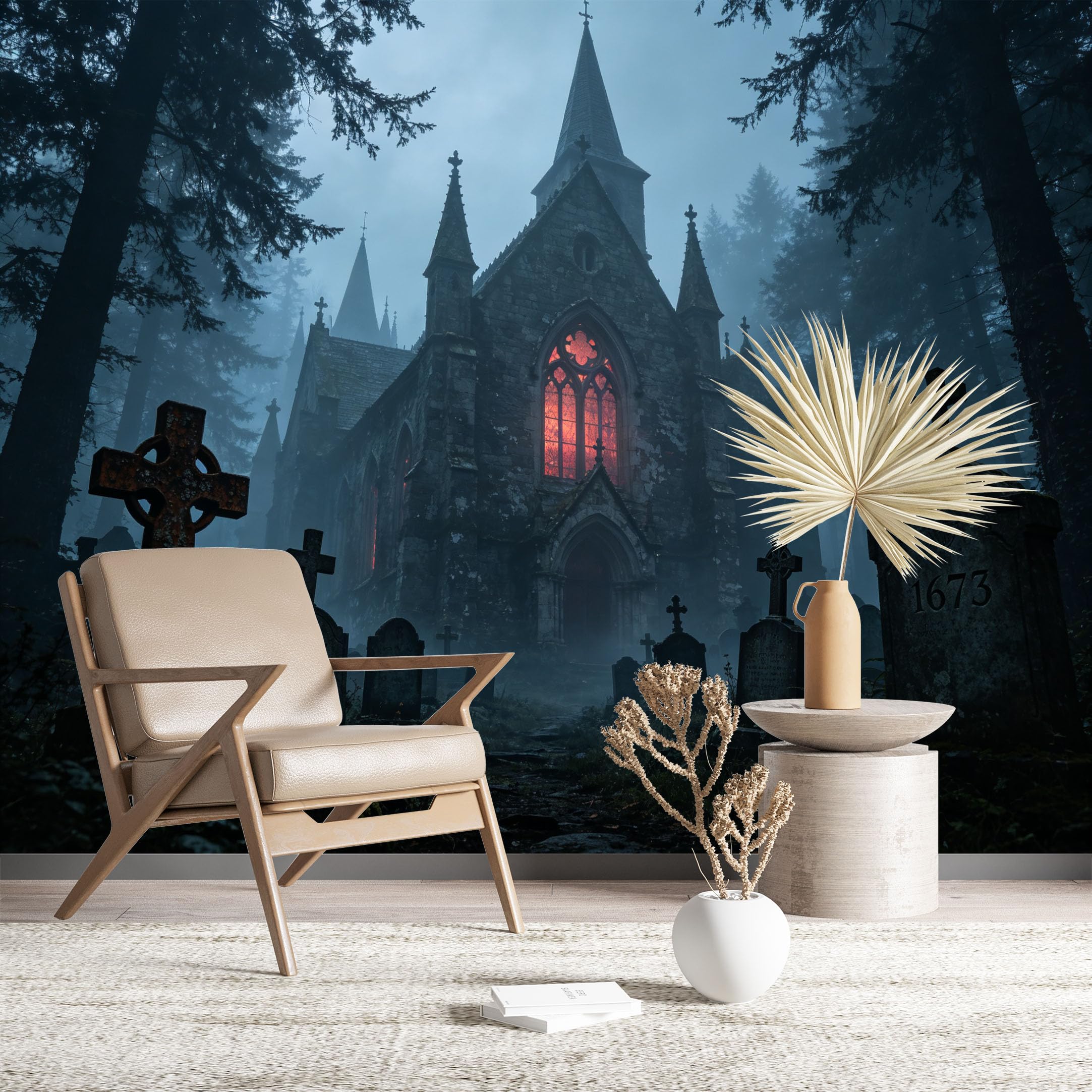 Custom Size Wall Murals Haunted Church in Foggy Forest Wall Murals Gothic Wallpaper Large Photo Wallpaper Self-Adhesive Removable Wallpaper for Living Room Bedroom