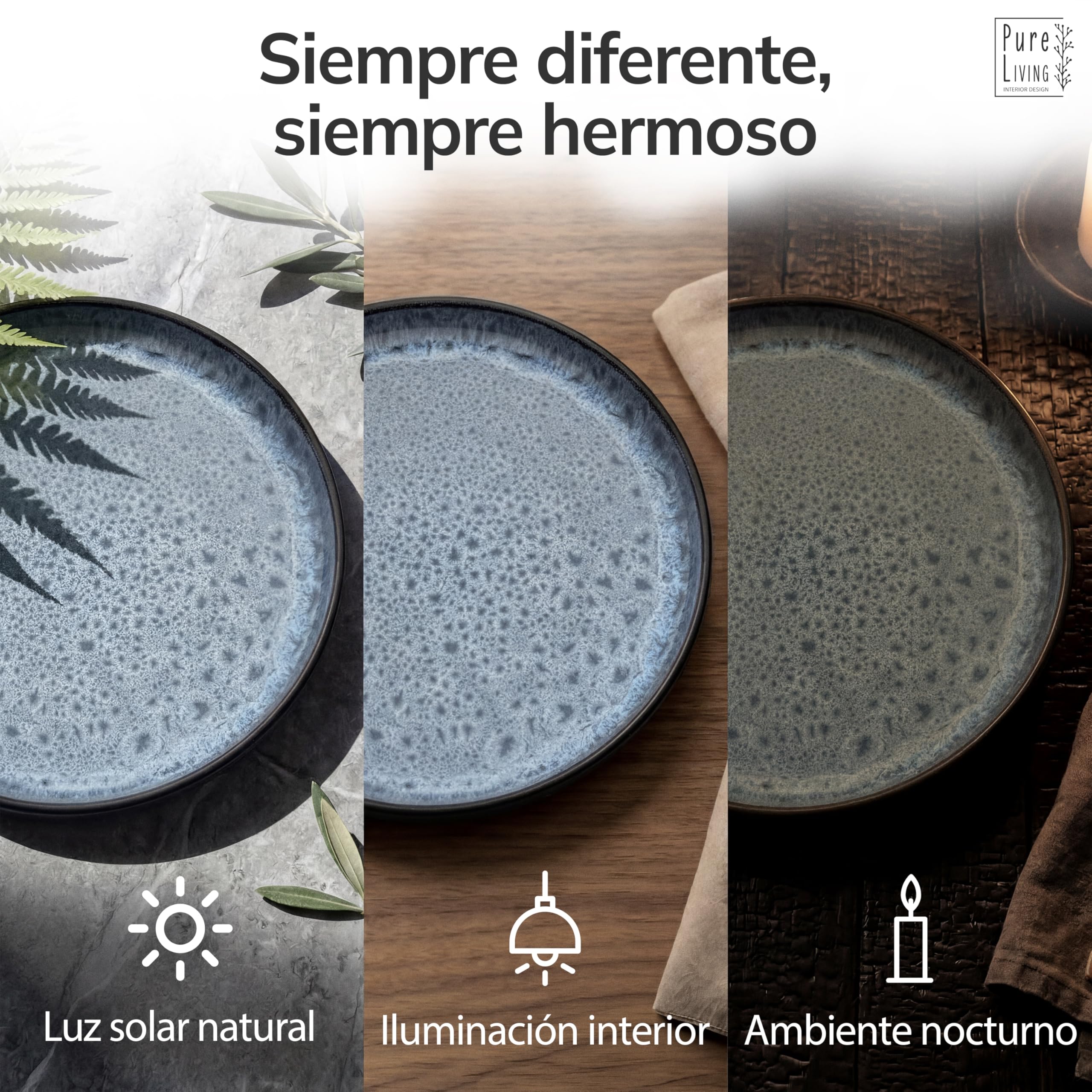 Juego de 6 Platos Grandes de Gres Ibiza - Elegantes Platos para Comida, Apto para Lavavajillas y Microondas - Set de Vajilla para 6 Personas - Pure Living en azul humo