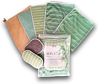 Kit De 6 Chiffons Bambou Microfibres : 2 Lavettes Absorbantes, 2 Chiffons Séchants, 2 Éponges + 1 Sac de Lavage + 1 Notice - Pour Nettoyer Lustrer Vitres Miroirs Vaisselle Carrosserie Plaques Vitro TV