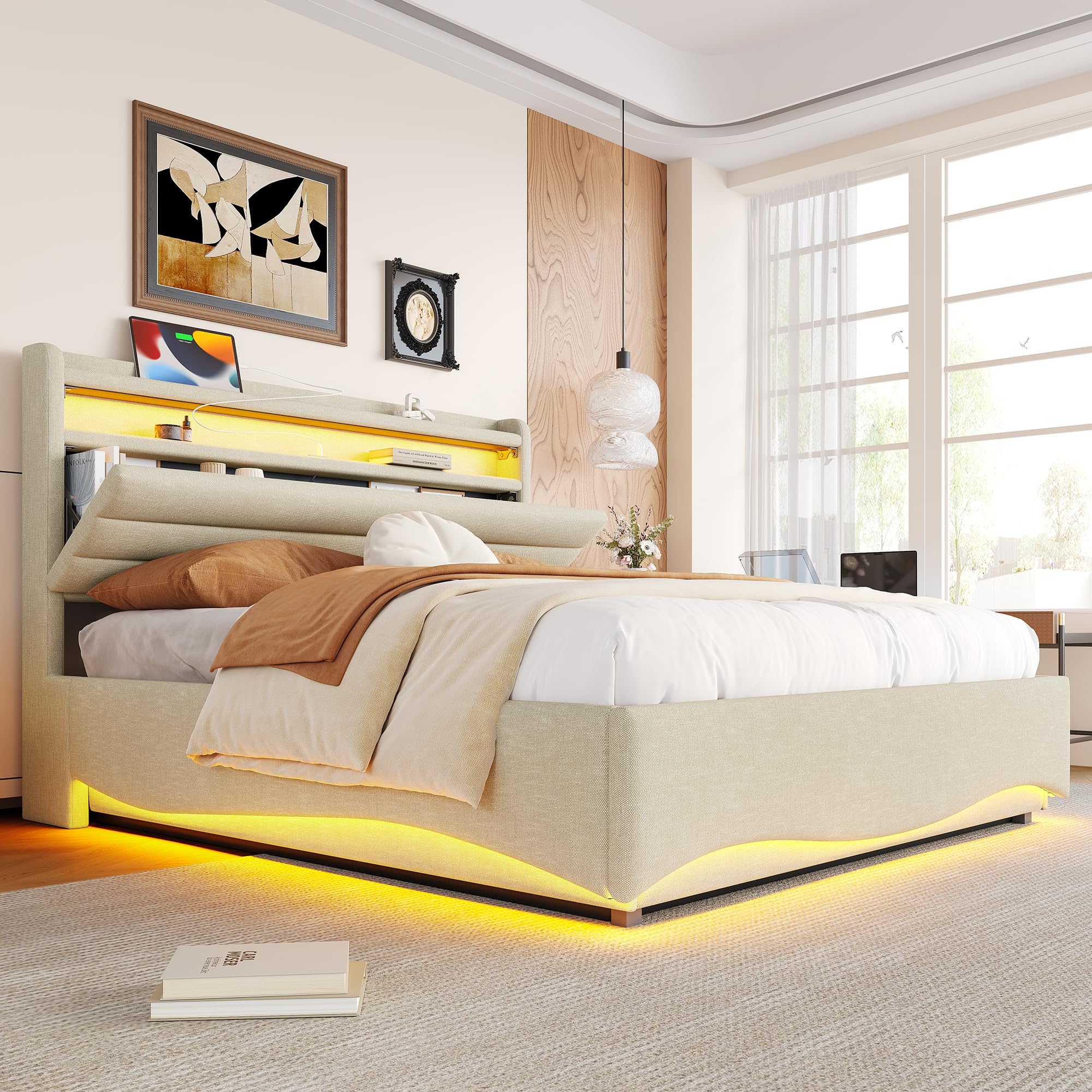 Dolamaní Polsterbett Doppelbett 140x200 cm, mit LED-Beleuchtung, Hydraulikmechanismus, USB- und Typ-C-Anschlüssen, Polster Kopfteil mit Ablageflächen, Leinenstoff, Ohne Matratze (Beige)