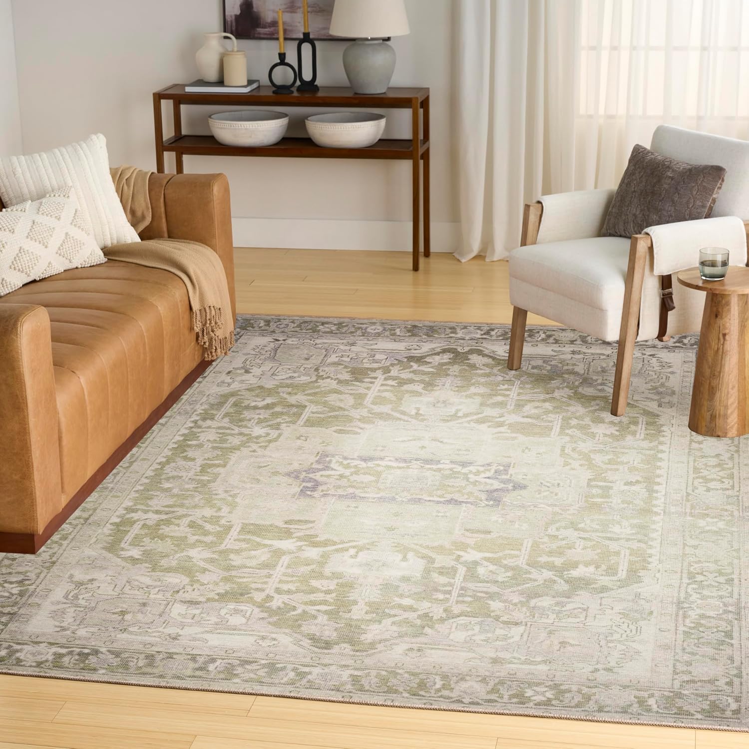 Nourison Home Vintage Washables Green 4' x 6' Area Rug - Easy Clean, Non Shedding, Bed Room, Living Room, Dining Room, Kitchen (4' x 6')