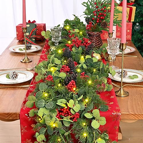 Miniatura 5 de MARTINE MALL Guirnalda de Navidad de 6.4 pies con luces, guirnalda de cedro, guirnalda artificial de ciprés de pino, guirnalda de Navidad con hojas