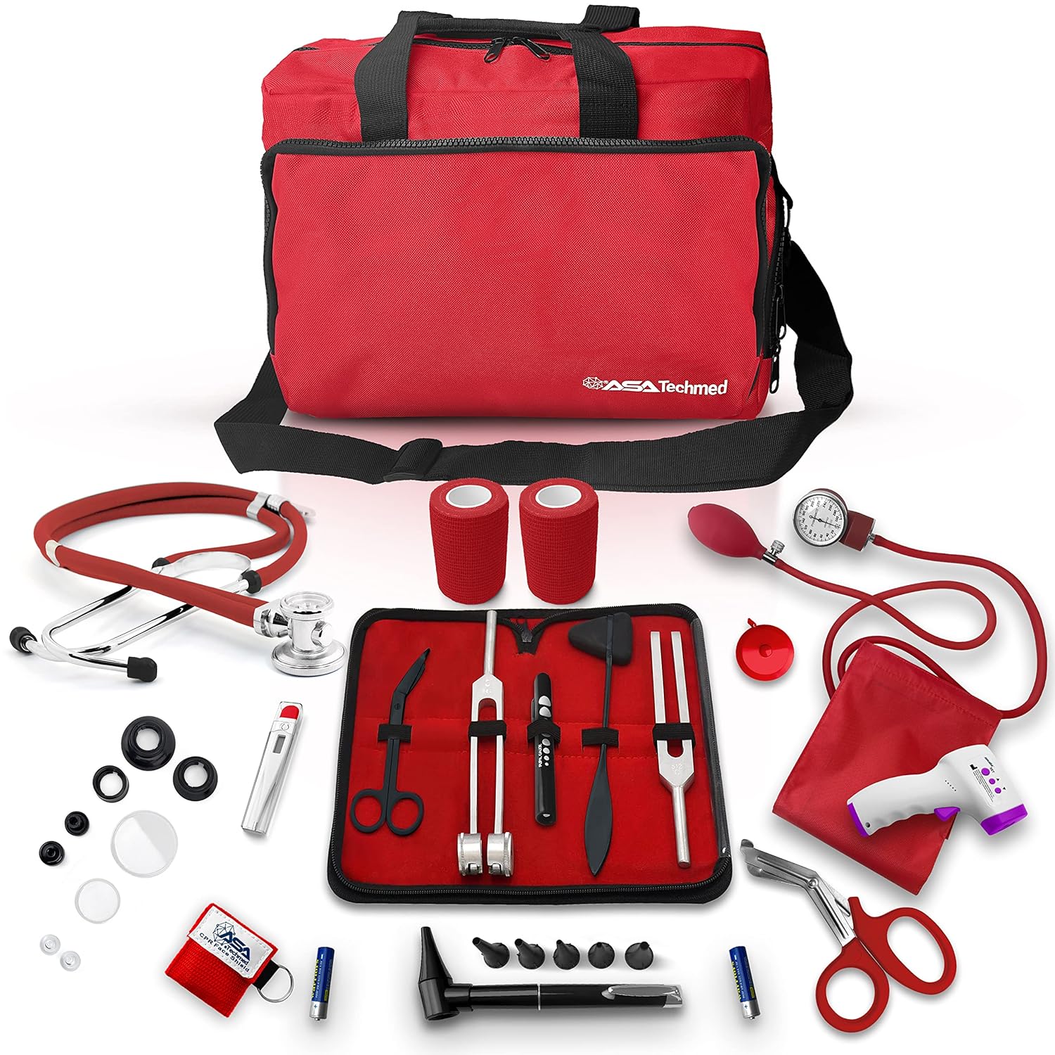 ASA Techmed Nurse Starter Kit - Stethoscope, Blood Pressure Monitor, Tuning Forks, and More - 18 Pieces Total (Red)
