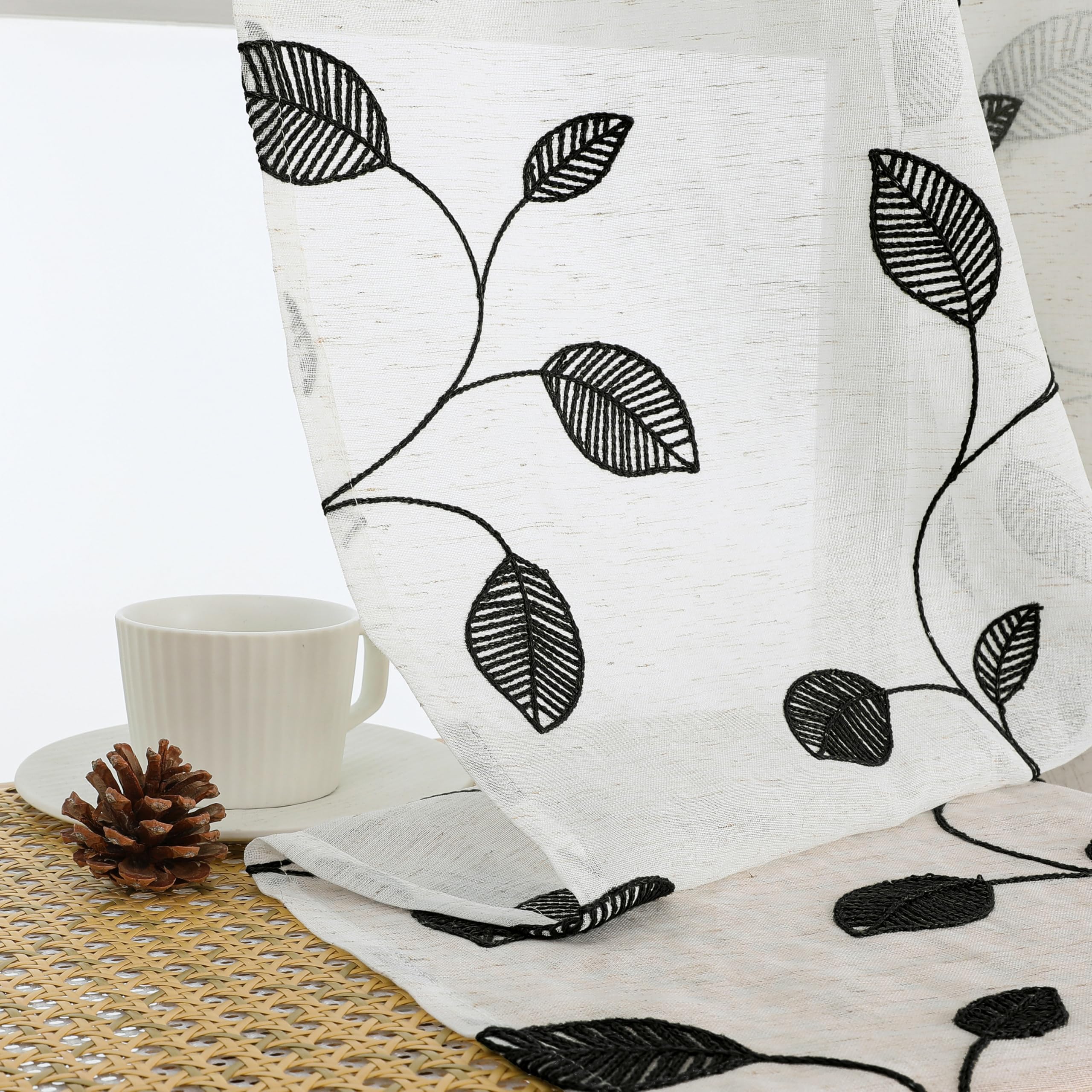 OVZME Sheer Curtains - Embroidered Leaf Drapes -11