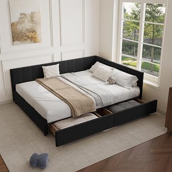 Queen Size Wood Daybed with 2 Drawers, Modern Elegant Velvet Upholstered Padded Grid Pattern Bed Frame with Spacious Under Bed Storage, No Box Spring Needed, Easy Assembly, Polar Black