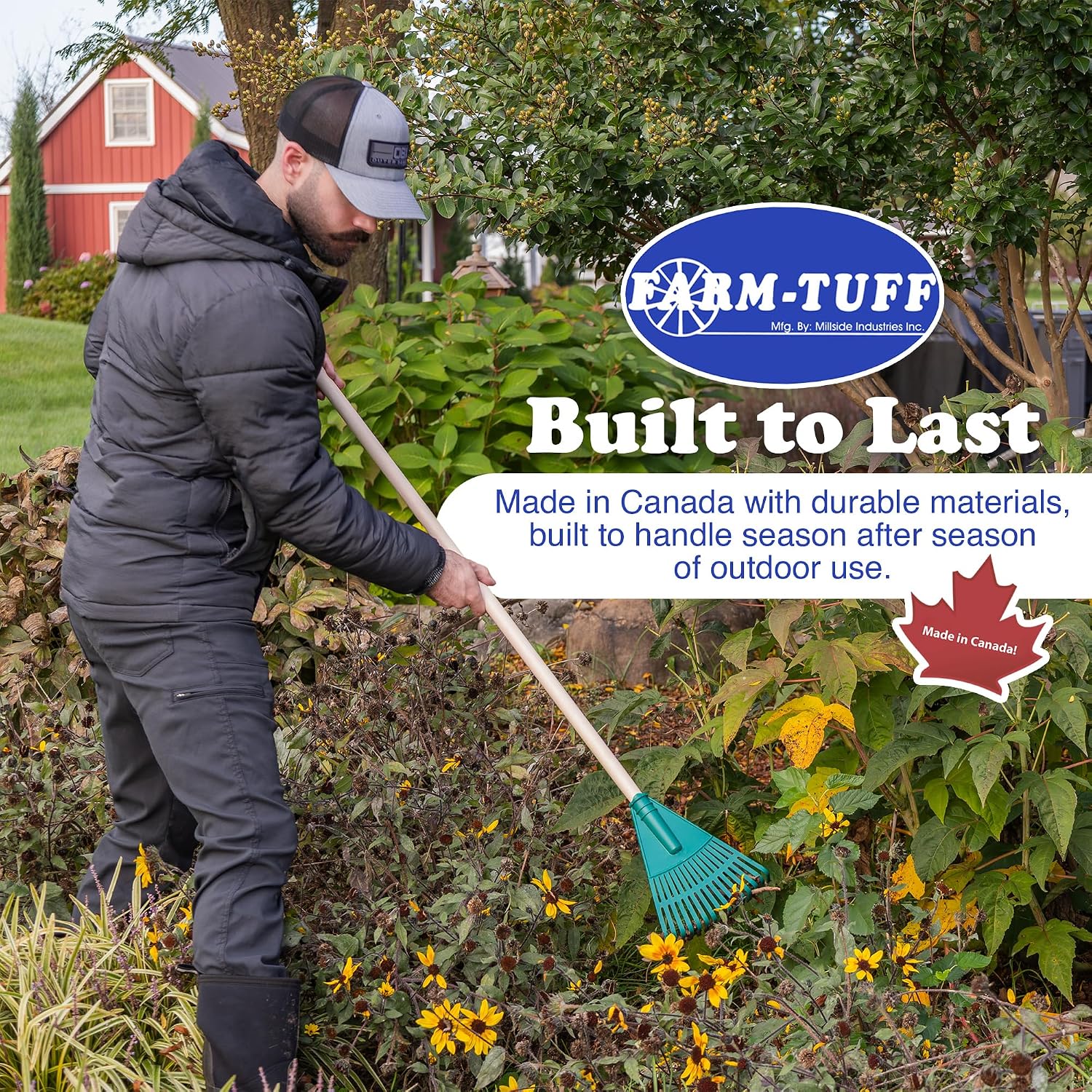 FARM-TUFF 8 Inch Garden Rake with 48 Inch Hardwood Handle - Durable & Compact Garden Rake for Shrubs, Flower Beds, and Tight Spaces