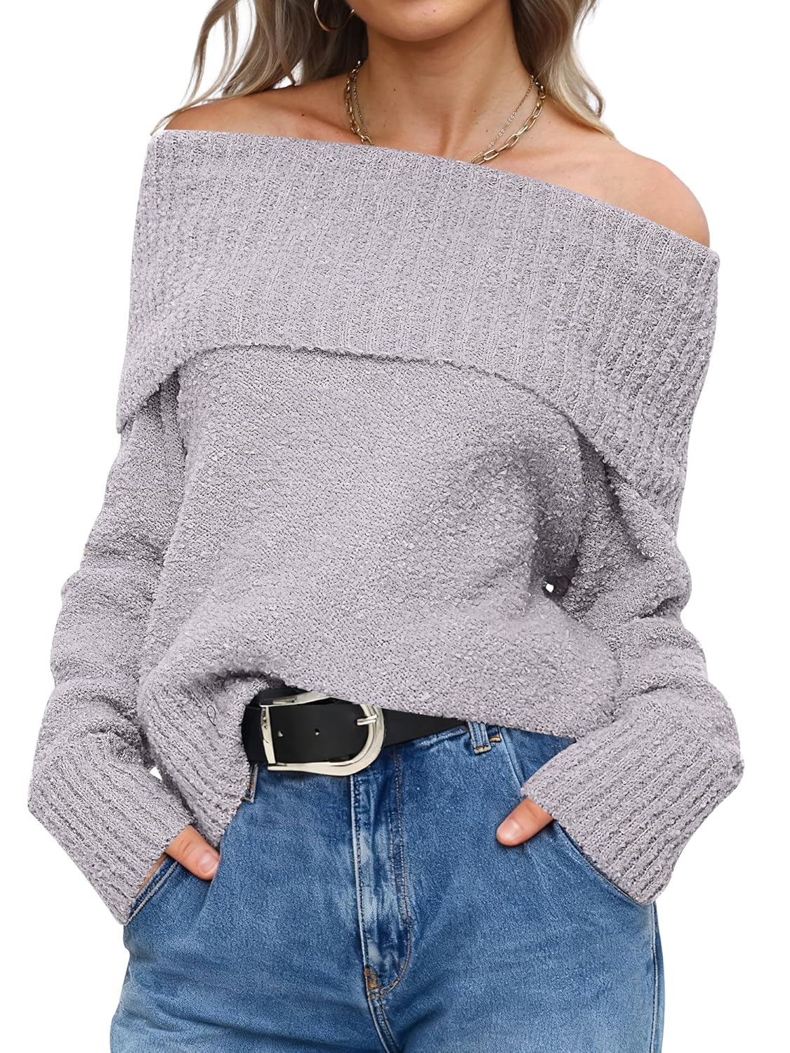 ANRABESS Off The Shoulder Sweaters for Women 2025 Fall Turtleneck Long Sleeve Fuzzy Knit Warm Casual Winter Sweater