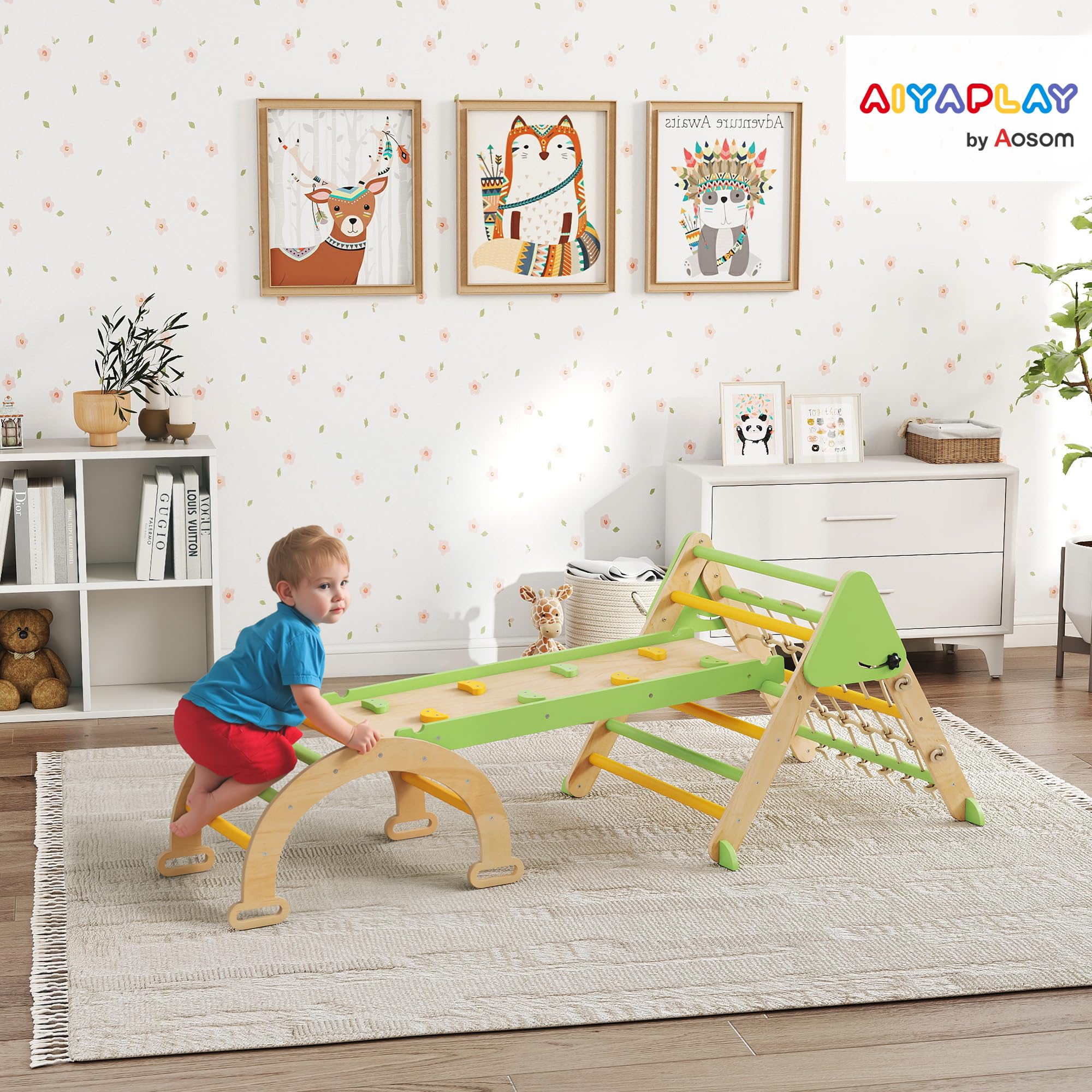 AIYAPLAY Montessori 8 en 1 Arco de escalada de madera para interiores, triángulo de escalada con arco de escalada, tobogán de doble cara, parque infantil para niños pequeños y niños de 1,5 a 4 años