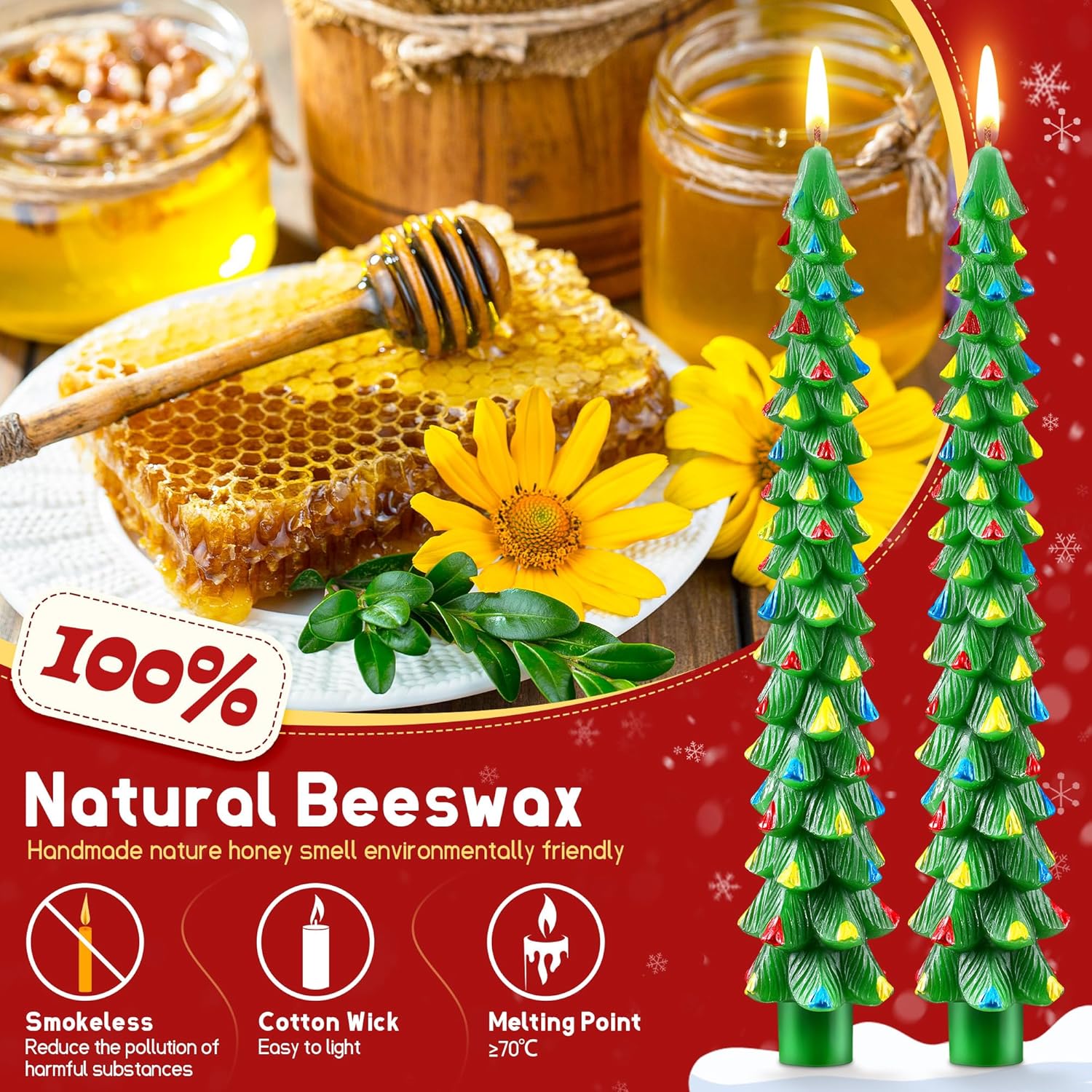 8 Pack Christmas Tree Candles, 10 Inch Pure Beeswax Christmas Tree Shaped Taper Candles for Xmas Holiday Decor, Advent Party Banquet Centerpiece Decoration(Green with Multicolor Trim)