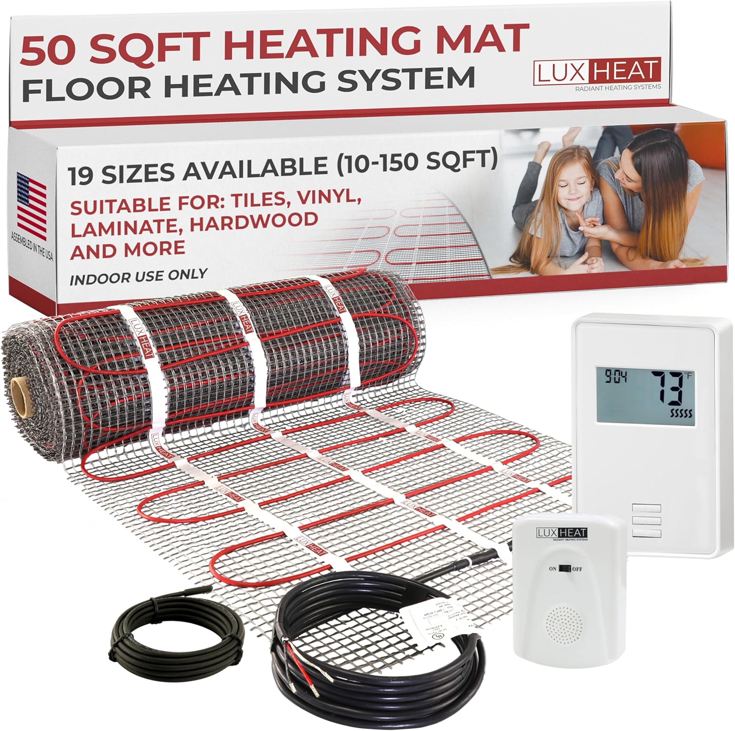 LuxHeat 50sqft Floor Heating Mat Kit - 120v Electric Radiant Heating Floor System - Heated Flooring System for Tile & Laminate - Includes UTN4 Non-Programmable Thermostat w/GFCI, Alarm & Sensor