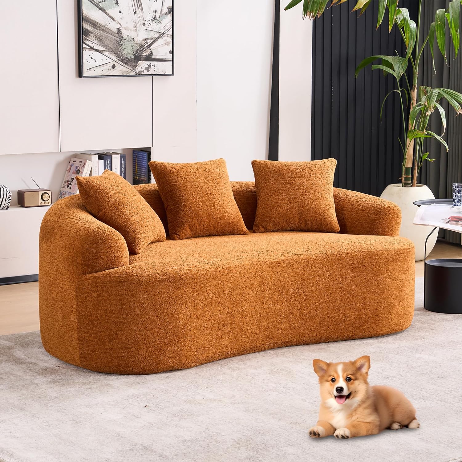Curved Loveseat Sofa Couch for Living Room, 65’’ Modern Comfy Cloud Floor Couch Round Sofa Full Sponge Compression Sofas with Deep Seat for Small Spaces Apartment, No Assembly Needed,Orange