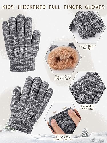 Miniatura 4 de Wenouy Conjunto de gorro de invierno para niños, guantes y bufanda, gorro de invierno con pompón de punto, calentador de cuello, guantes con forro