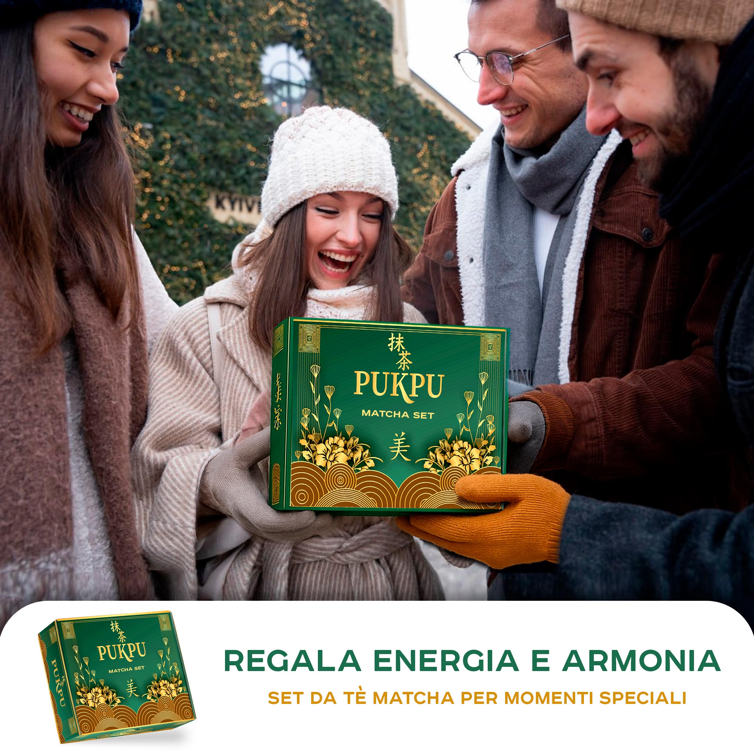 PUKPU Kit Matcha con Polvere – Set Matcha con Frusta Elettrica, Chasen Bambù, Cucchiaio Acciaio, Ciotola, Supporto Chasen & Cofanetto Regalo