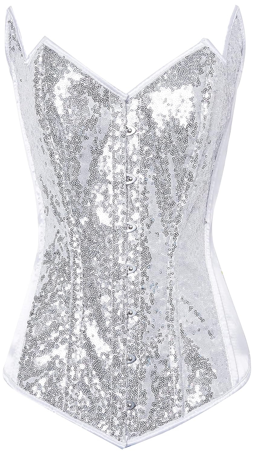 Daisy corsets womens White Silver Sequin Pointed Top Steel Boned Corset