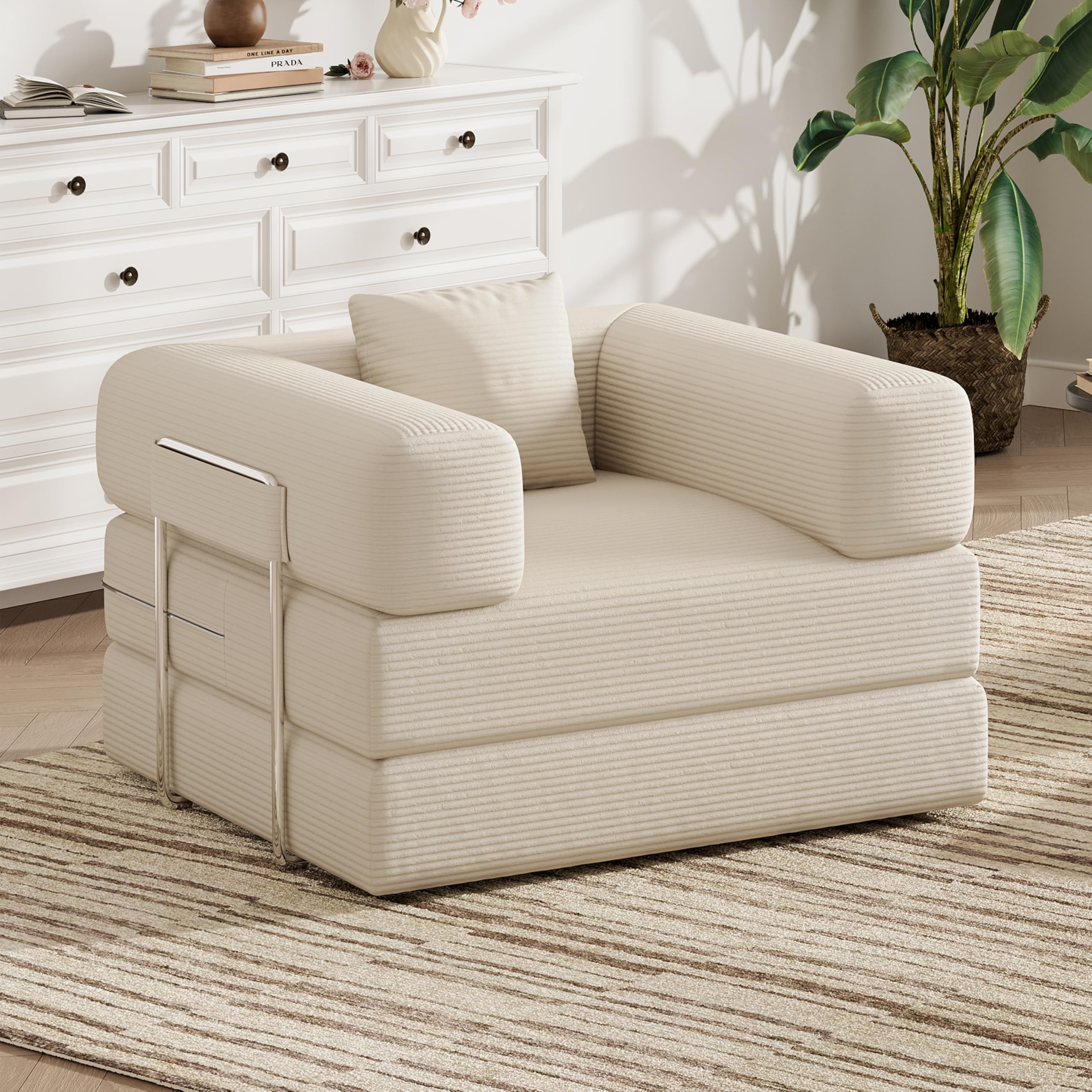 Single Couch Sofa for Small Spaces , 2-in-1 Single Boneless Sofa with Soft Corduroy Foldable Chair Lounger Sleeper Sofas for Small Apartment, Living Room, Home Office (Beige, 35.43
