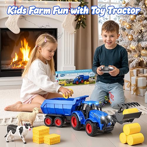 Miniatura 6 de Funwee Juego de juguete de tractor a control remoto con luz y sonido, coche de granja para niños, ruedas de remolque, camión eléctrico, juguete de