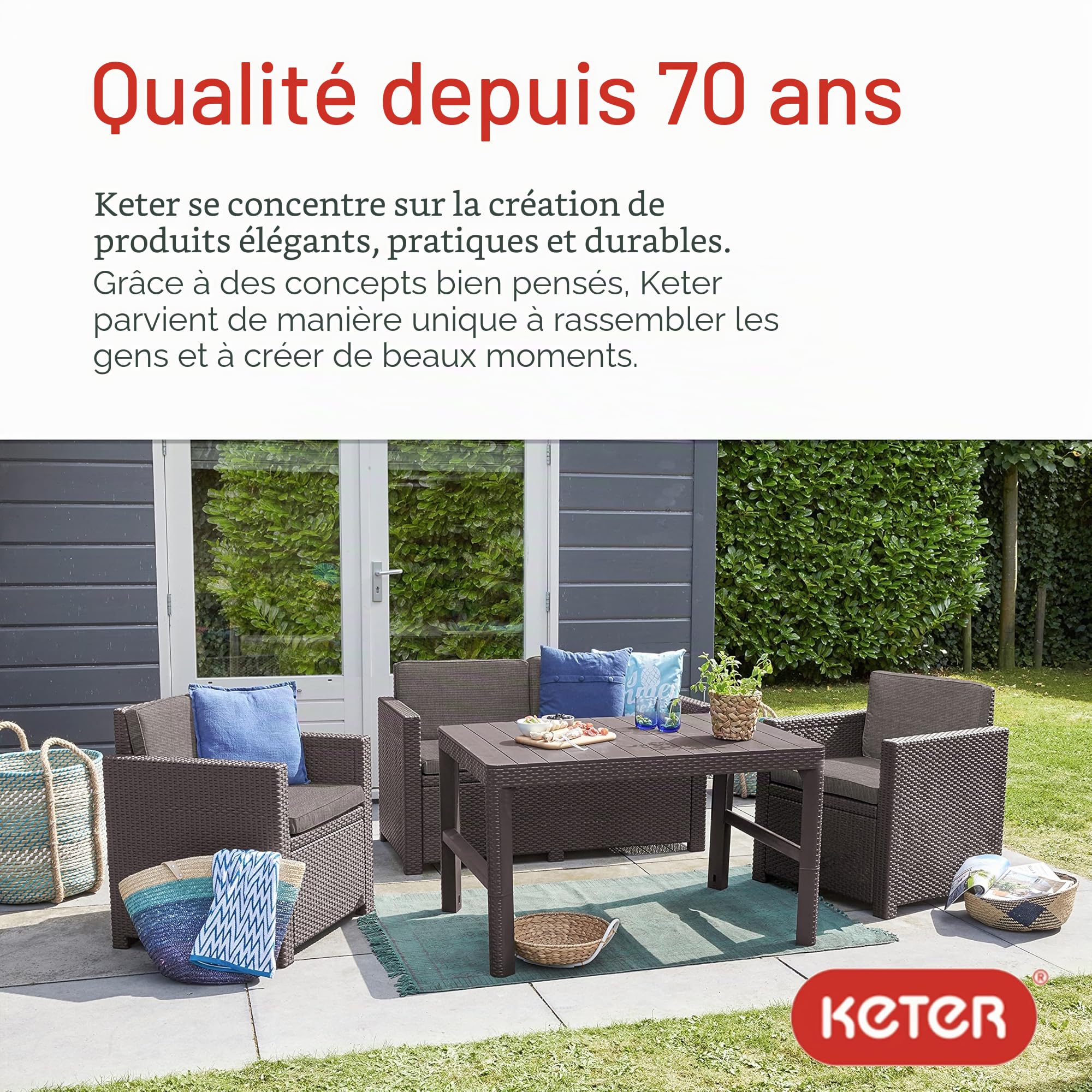 Keter Lyon table de jardin élégante, 2 en 1, résistante aux intempéries, marron, 116 x 71 cm, réglable en hauteur, balcon et terrasse, robuste et durable