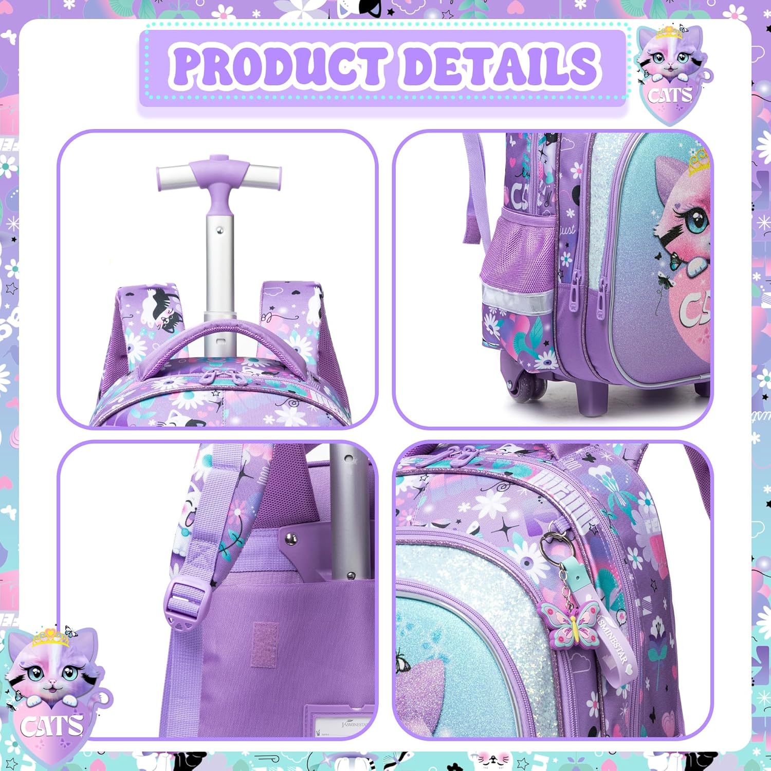 Meetbelify Cute Cat Girls Rolling Backpack with Wheels Kids Luggage for Elementary Students Trolley Trip Carry On Bag for Girls Ages 6-8