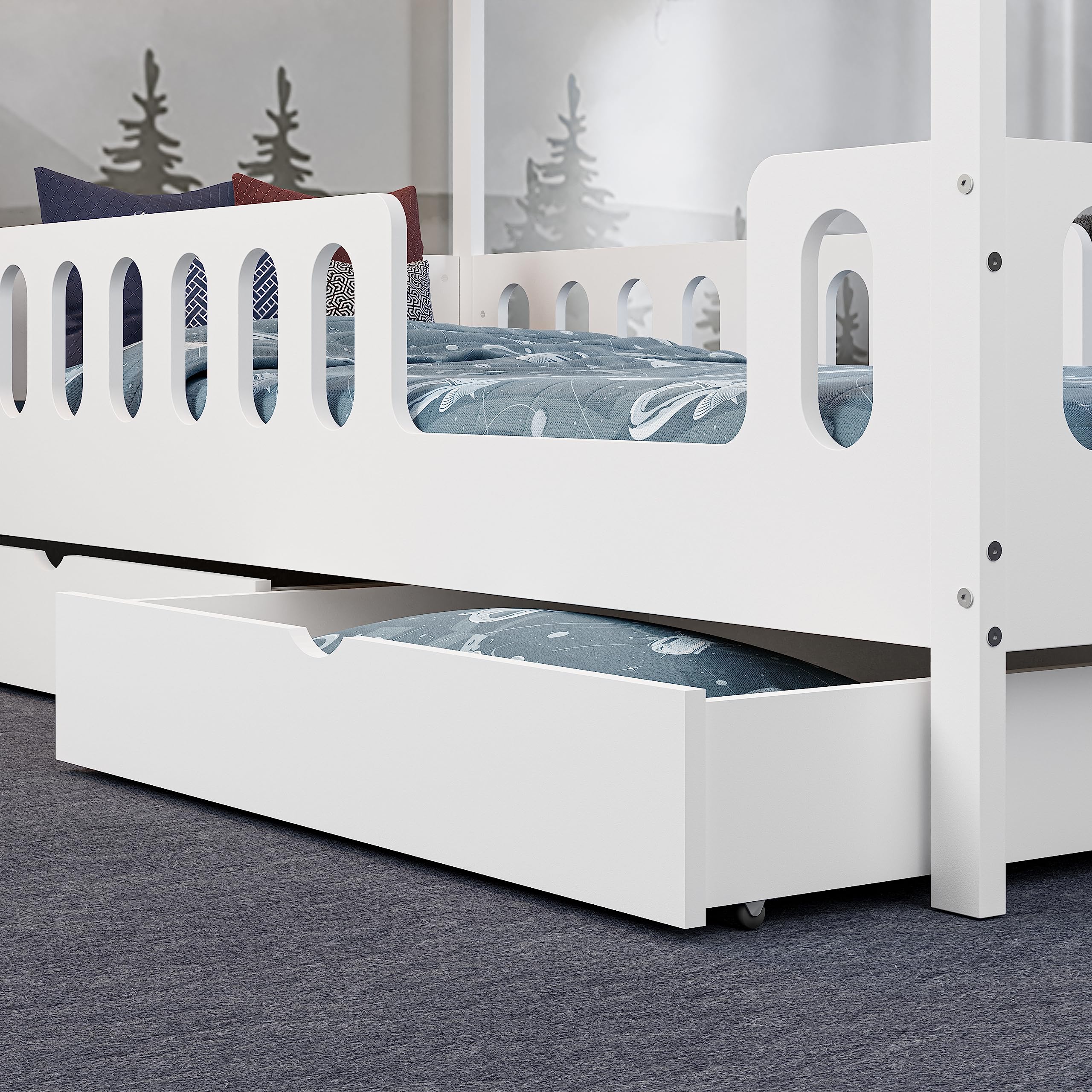 LARS 2 in 1 Letto per bambini Letto per ragazzi 200x90 cm - Bianco, 2 cassetti, Protezione antiribaltamento rimovibile, Convertibile in Letto Junior, Design Montessori, Legno massello, Include doghe