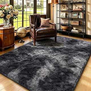 Mottled Grey 5x8 Area Rugs for Living Room, Fluffy Shag Rug Bedroom Carpet