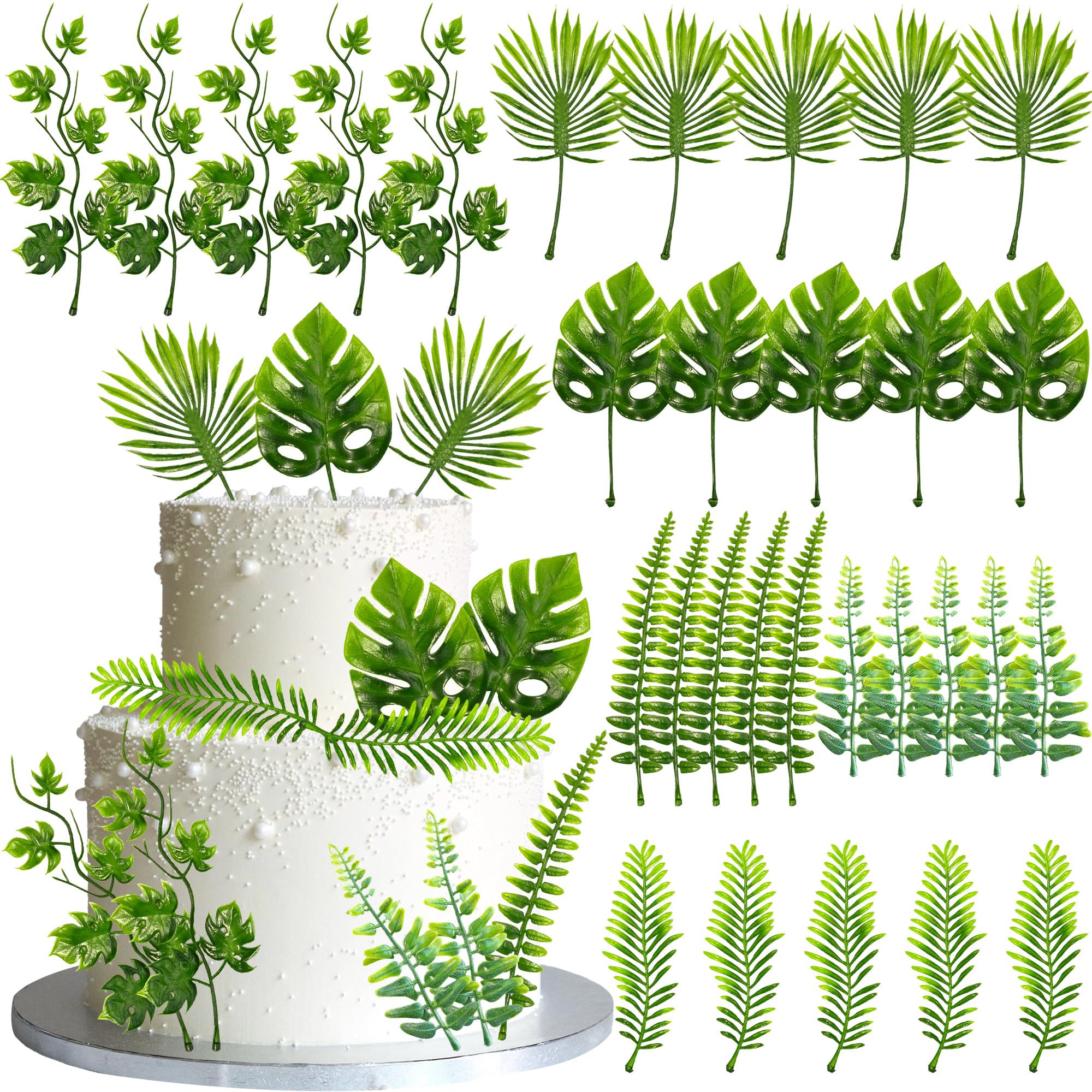Ephlyn 30Pcs Artificial Monstera Leaf Cake Toppers Tropical Palm Green Leaves Cake Picks for Summer Safari Animal Birthday Tropical Rainforest Baby Shower Party Table Centerpiece Decorations