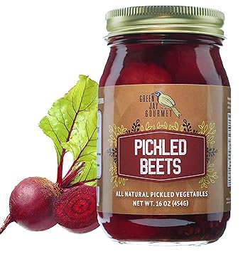 Green Jay Gourmet Fresh Classic Pickled Beets - Grandmas Original Recipe - Sweet, Tangy, and Vinegary Brine - Simple Natural Ingredients - Freshly Made & Hand Jarred - 16 Ounce Jar