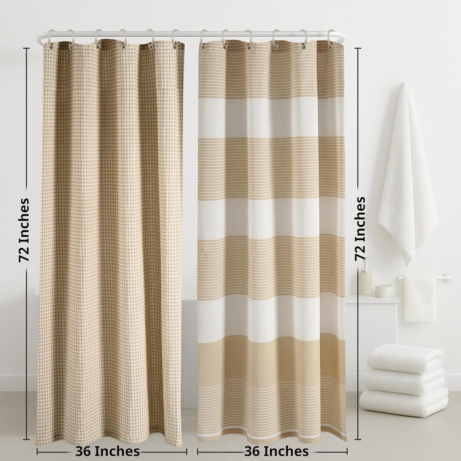 LANE LINEN Luxury Shower Curtain Set for Bathroom - Standard Sized Pack of 2 - Premium Waffle Stripe Fabric - Water Repellent, Quick Dry & Machine Washable - Reinforced Header with Grommets - Beige