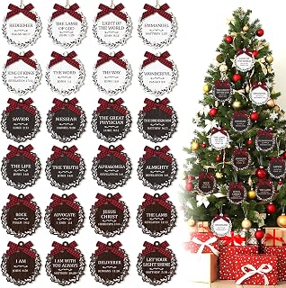 24 Names of Jesus Christ Ornaments - Wooden Christmas Decorations with Bow for Tree